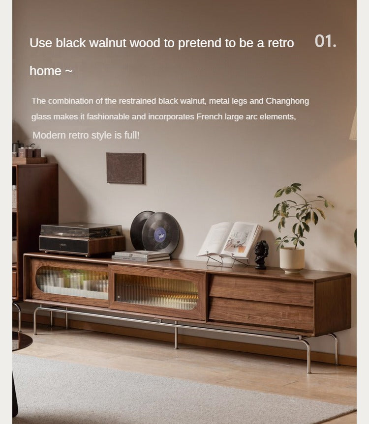Solid Black Walnut Wood TV Stand with Sliding Barn Doors - Rustic High Foot Floor Storage Cabinet for Living Room, Bedroom & Home Theater