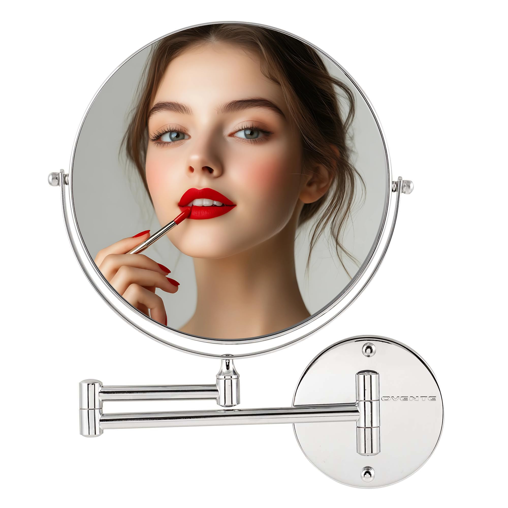 OVENTE 9 Inch Wall Mounted Makeup Mirror with 1X/10X Magnification - Double Sided Round Bathroom Vanity Mirror - 360° Swivel & Extendable Folding Arm - Polished Chrome (MNLFW90CH1X10X) - Perfect for Makeup Application, Shaving & Skincare Routines