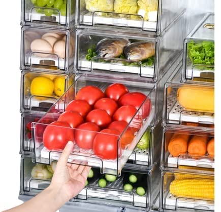 Stackable Fridge Storage Drawers for Fruits, Vegetables & Meat - Food Grade PET Plastic Containers with Sliding Vent - 4-Piece Set (2 Medium + 2 Large) - Perfect for Kitchen Organization & Meal Prep