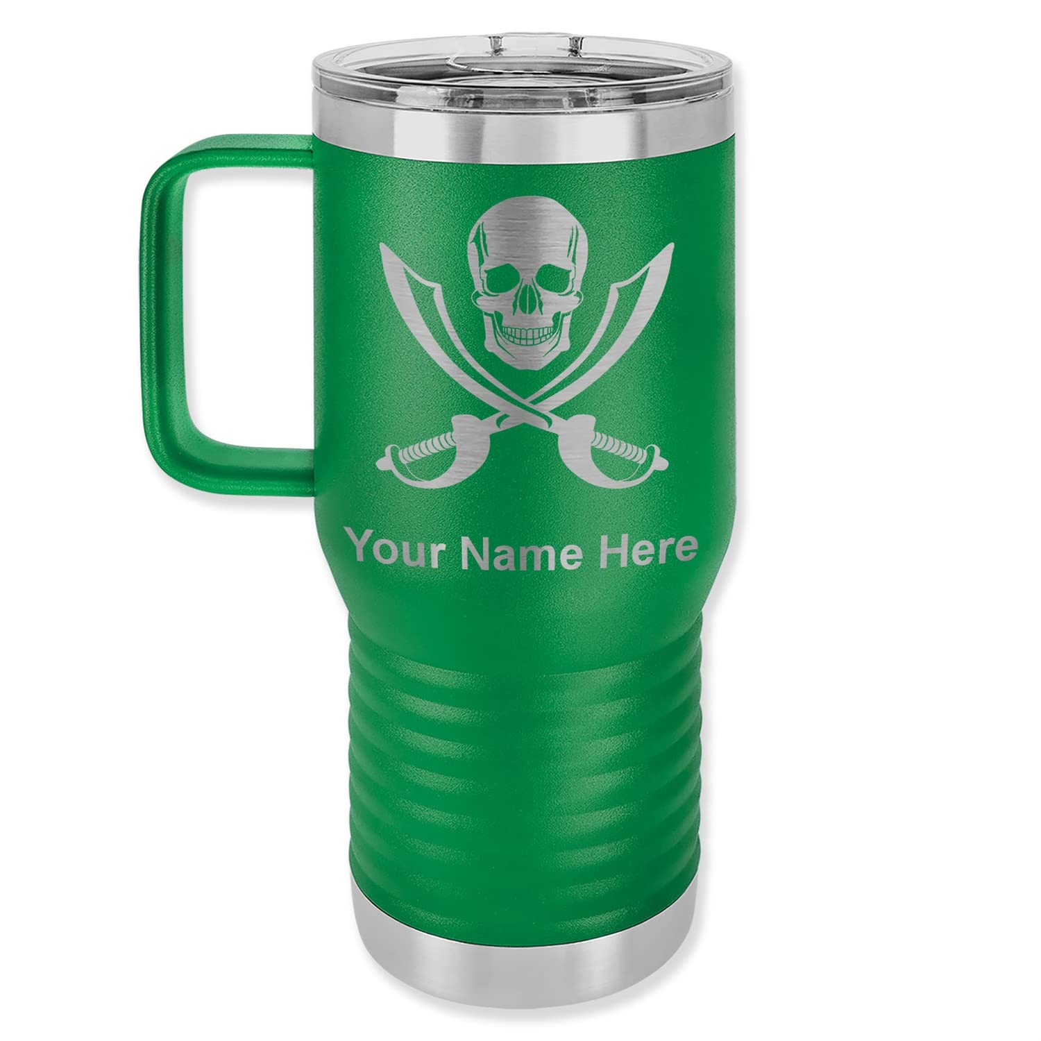 LaserGram 20oz Vacuum Insulated Stainless Steel Travel Mug with Handle - Custom Engraved Pirate Skull Design (Green) | Leakproof Coffee Thermos for Commuting, Camping & Office Use