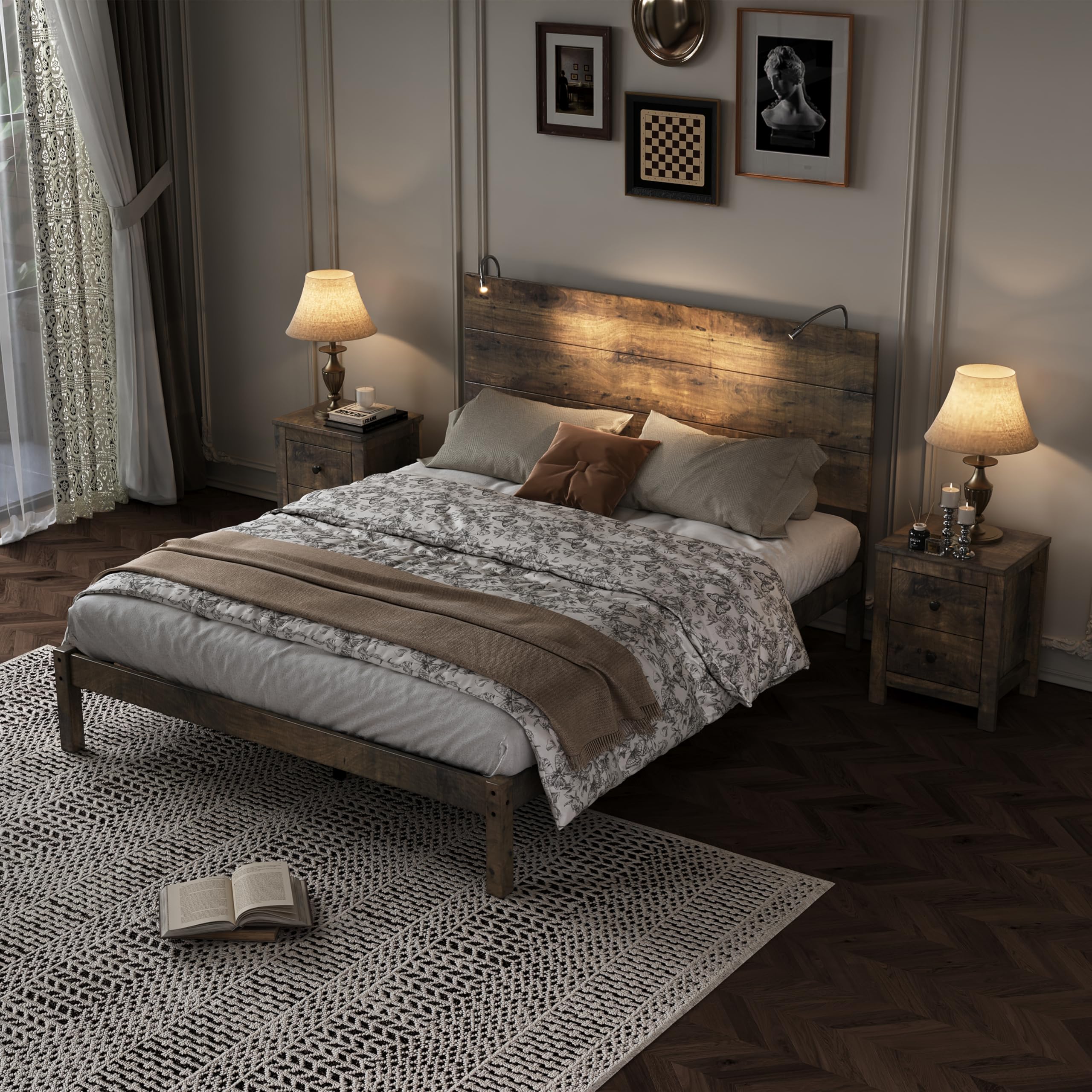 Full Size Wood Platform Bed Set with Nightstands & Lights - Farmhouse Bedroom Furniture for Kids, Teens & Adults - Perfect for Cozy Bedrooms