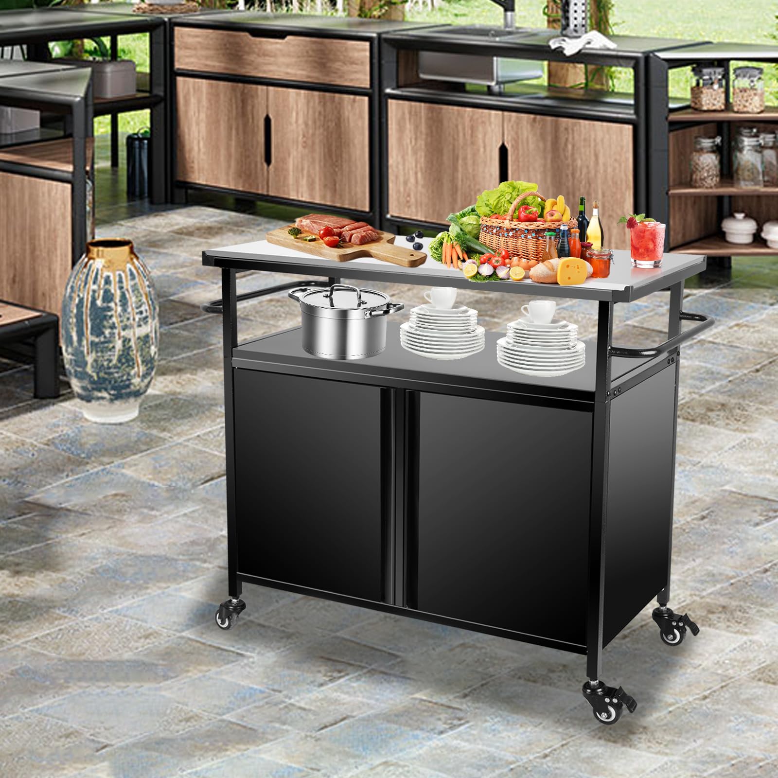 Karpevta Stainless Steel Outdoor Grill Cart with Storage & Wheels - Portable BBQ Prep Table with Handle for Backyard, Patio, Camping & Tailgating | Perfect for Grilling, Food Prep & Outdoor Entertaining
