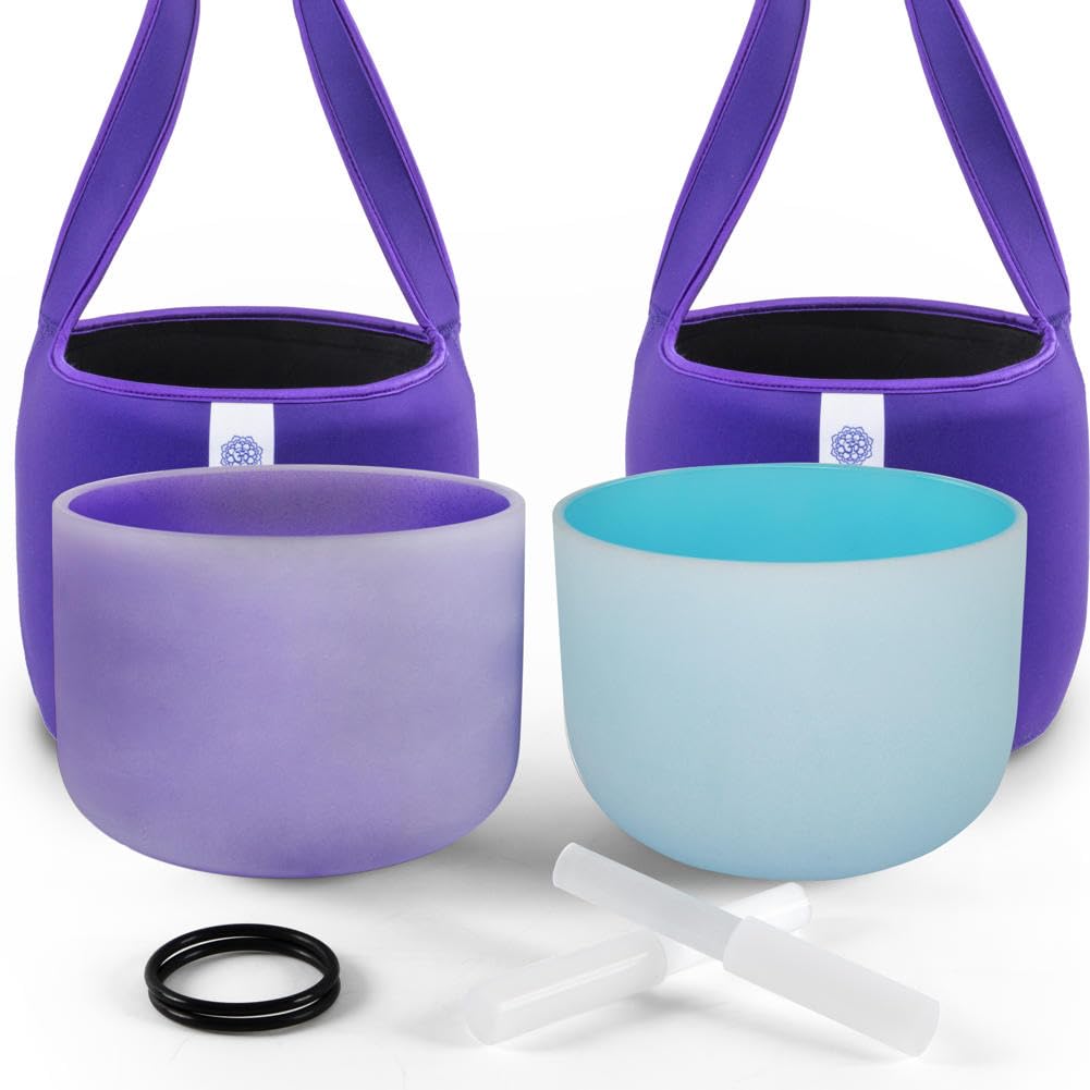 FMTY 10 Inch Crystal Singing Bowls Set - Perfect Pitch (±10HZ) - Blue (Throat Chakra) & Purple (Crown Chakra) with Soft Carrying Bag - Meditation, Yoga, Sound Healing & Chakra Balancing