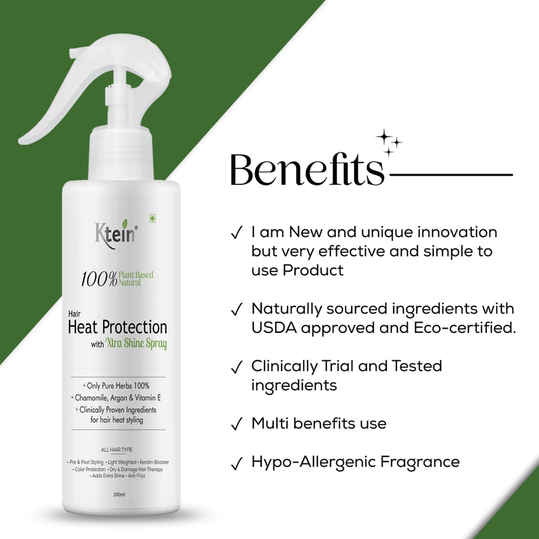 Ktein 100% Plant-Based Natural Hair Heat Protection Spray with Extra Shine (200ml) - Vegan, Sulfate-Free Styling for Curly, Straight & Damaged Hair - Perfect for Blowouts, Flat Ironing & Daily Styling