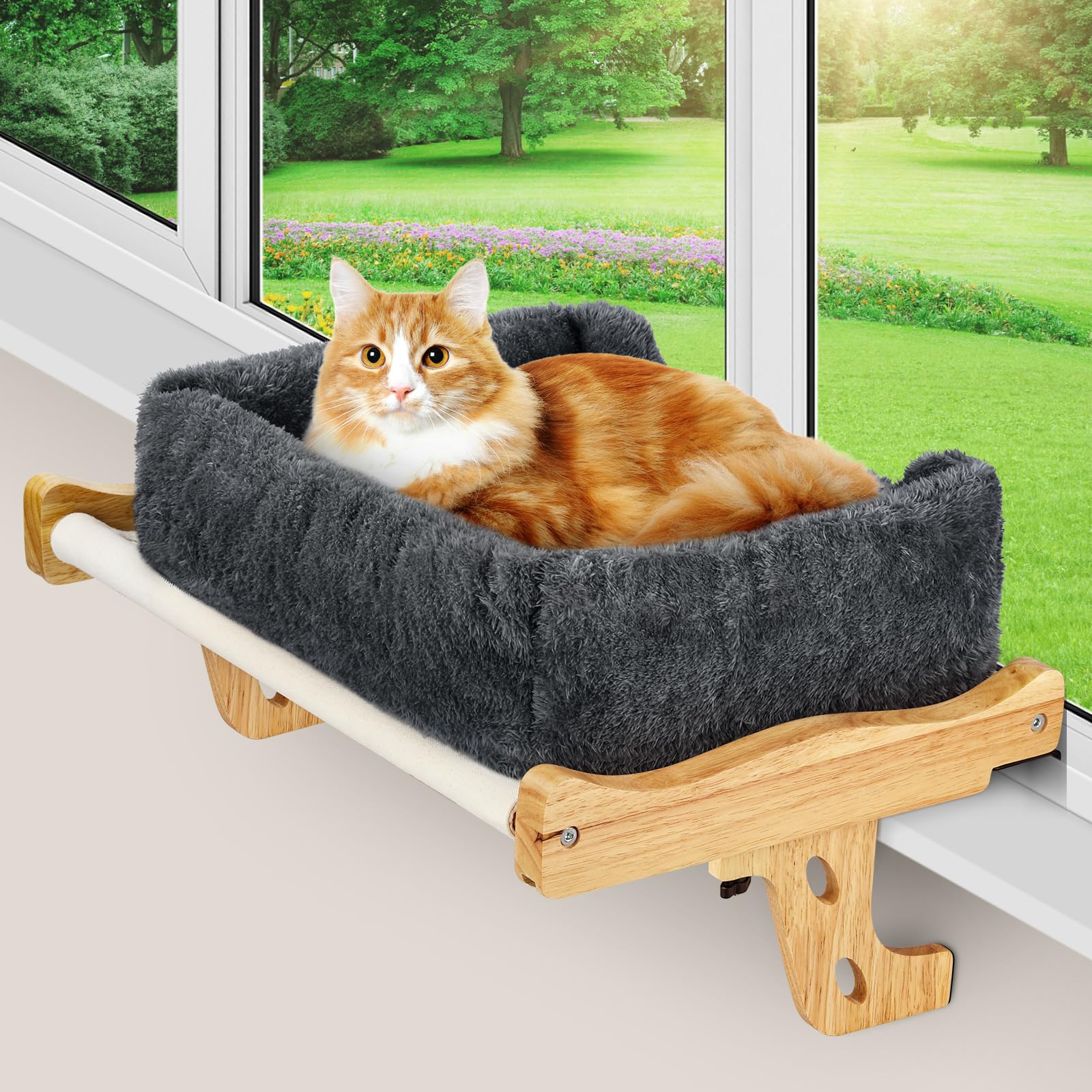 Warm Wooden Cat Window Perch with Removable Heating Pad - Adjustable 24H Timer Cat Hammock & Wide Cushion - Easy Clean Cat Bed for Windowsill, Bedside, Desk (Perfect for Winter Napping & Sunny Lounging)