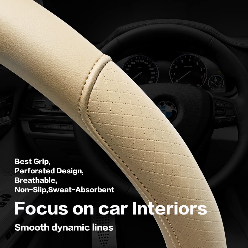 Premium Microfiber Leather Steering Wheel Cover - Classic Embossed Design, Anti-Slip & Breathable - Universal Fit for 15 Inch Wheels (Beige) | Perfect for Cars, Trucks & SUVs - Enhances Grip & Comfort for Daily Commutes & Road Trips
