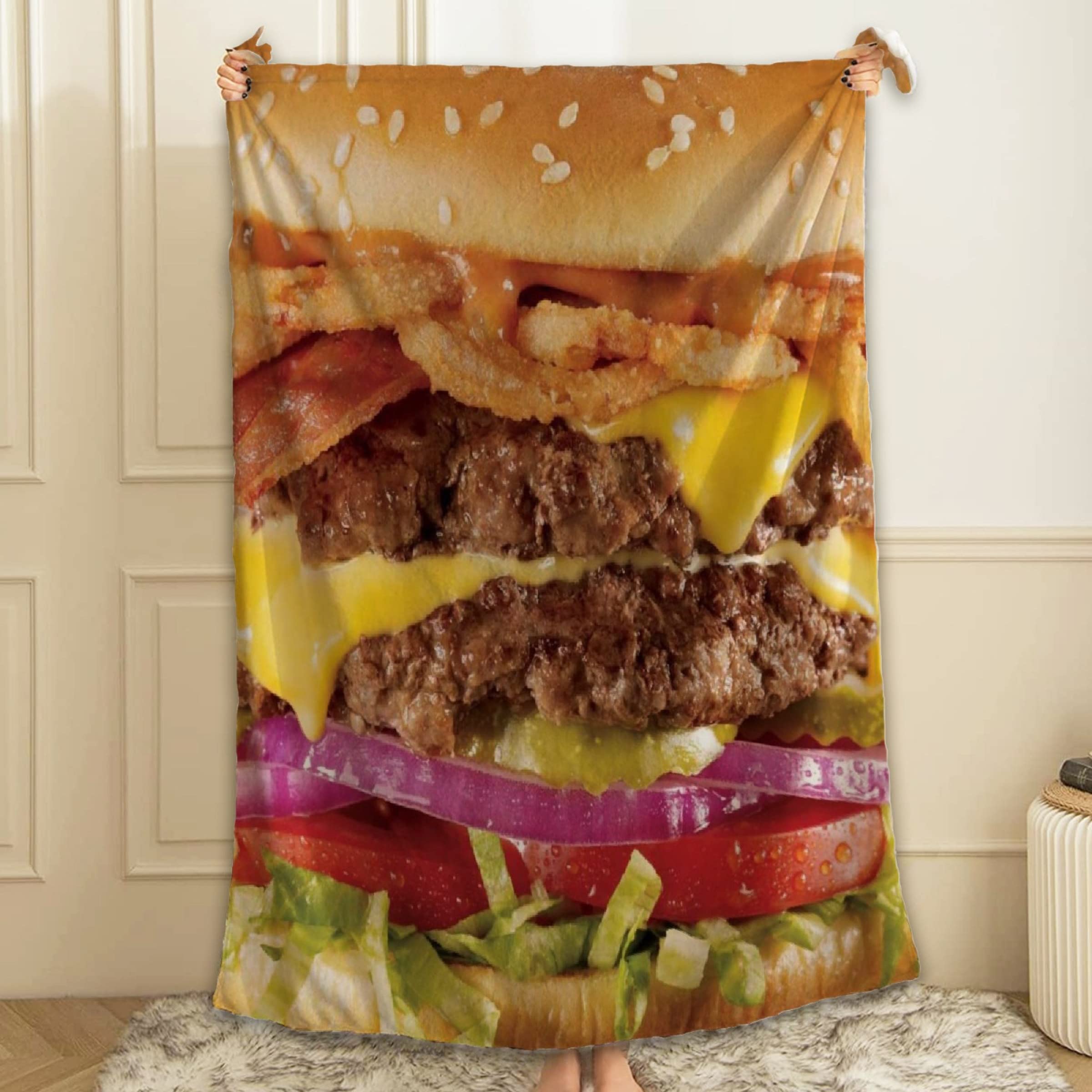 Super Soft Funny Hamburger Cheeseburger Fleece Throw Blanket - 120x90 Inch Cozy Flannel Blanket for Bed, Couch & Sofa - Perfect for Family Movie Nights, Travel & Home Decor