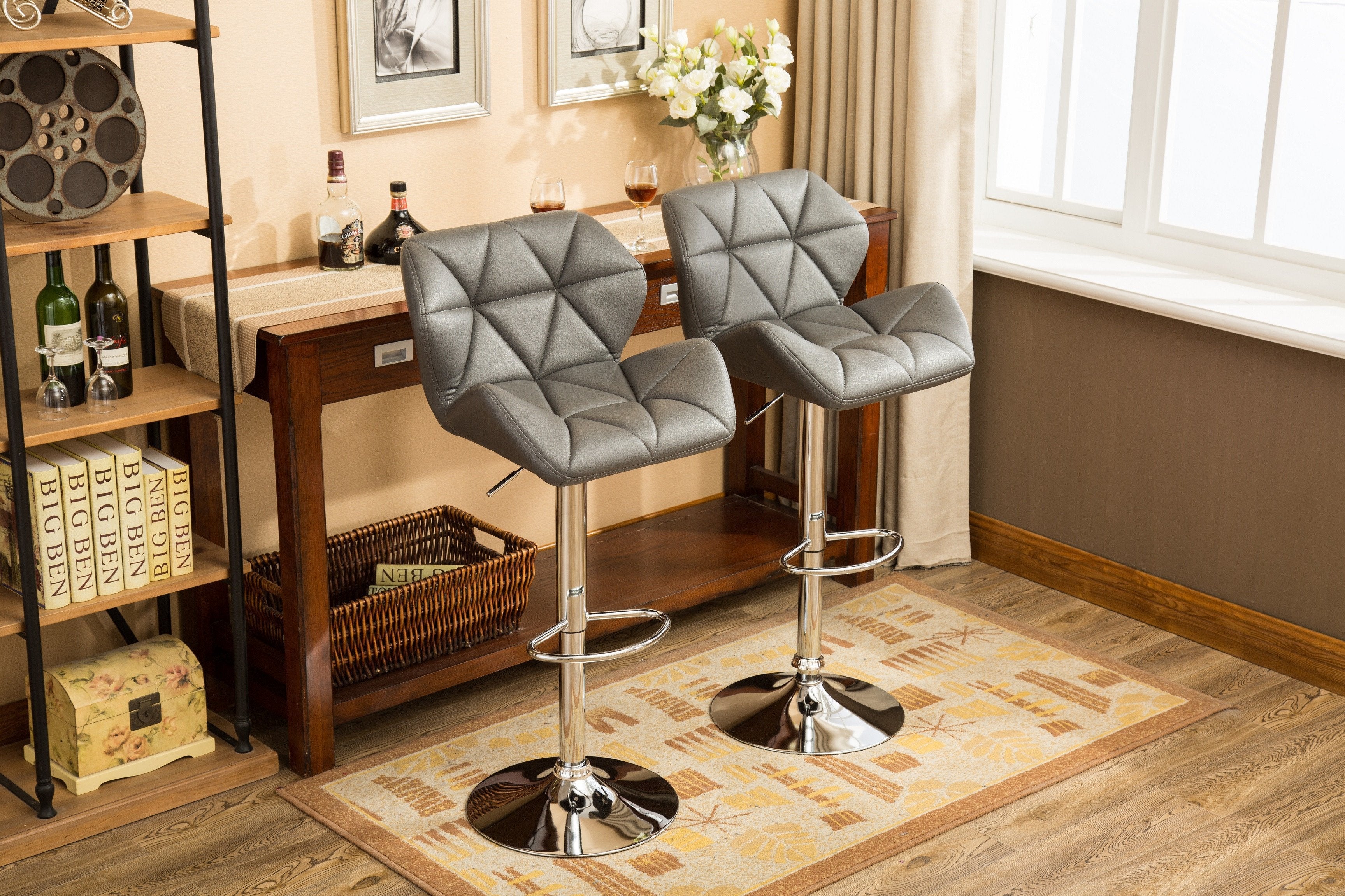 Roundhill Furniture Glasgow Contemporary Tufted Adjustable Height Hydraulic Bar Stools, Grey, Set of 2 - Perfect for Kitchen Islands, Home Bars & Modern Dining Areas