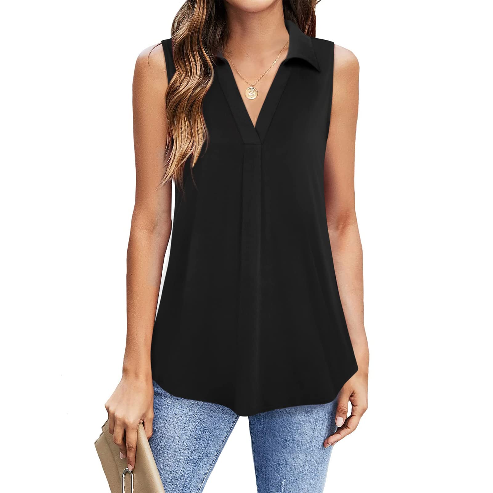 Women's Summer Sleeveless V-Neck Loose Casual Blouse Tank Top - Breathable & Comfortable for Beach, Office & Daily Wear (Black, Size S)