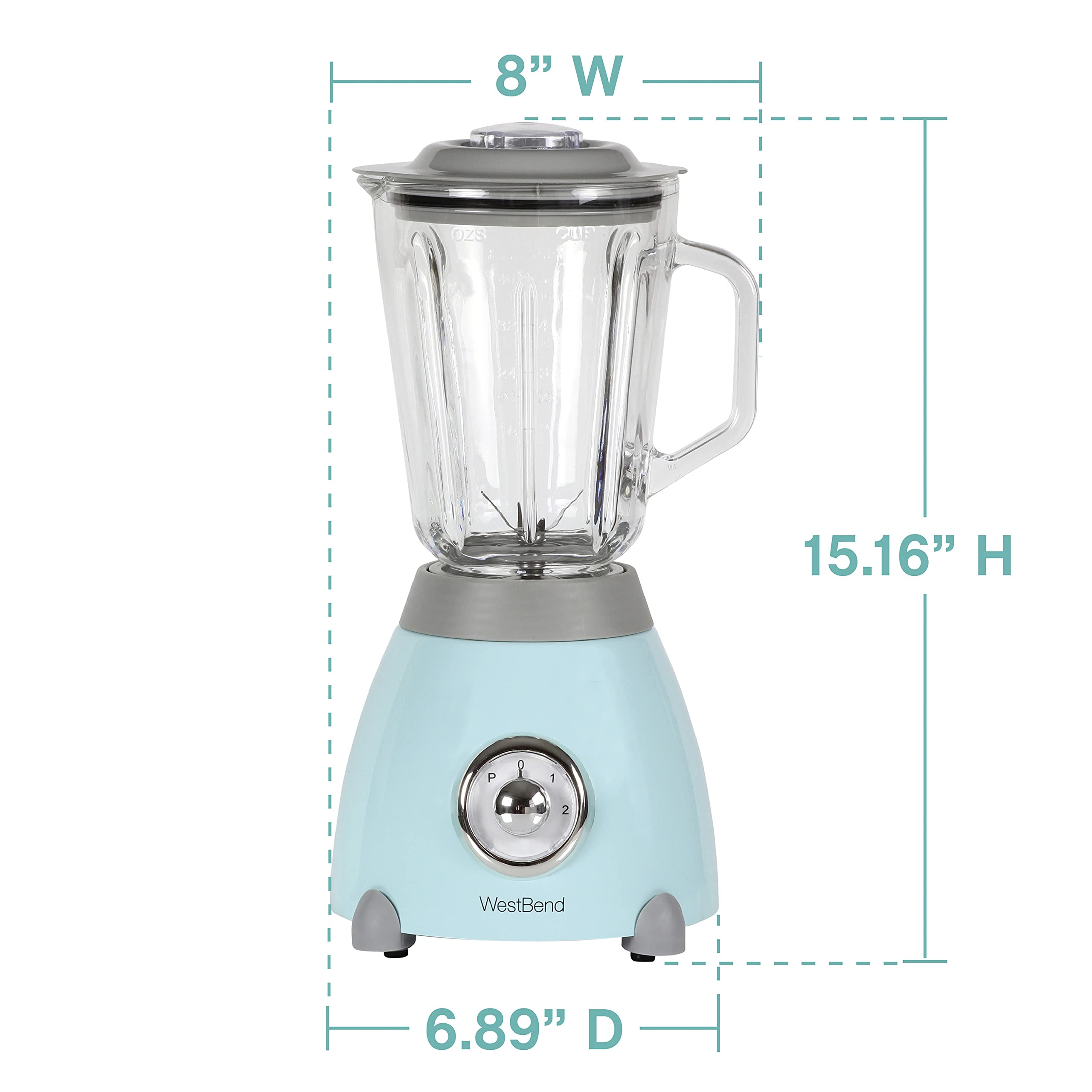 West Bend Retro-Style 500-Watt Blender with 48oz Glass Jar & Stainless Steel Blade - 3 Speed Settings for Smoothies, Shakes & Food Prep - Vintage Blue Countertop Blender for Kitchen, Bar & Healthy Lifestyle