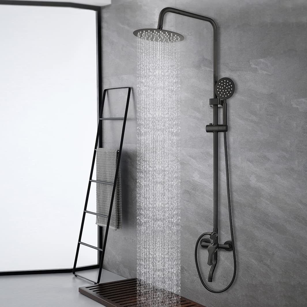 KECTIAKL Matte Black Outdoor Shower System - 8 Inch Rainfall Shower Head with 3 Spray Functions - Wall Mounted Bathroom Shower Fixture Set for Patio, Poolside & Garden Use
