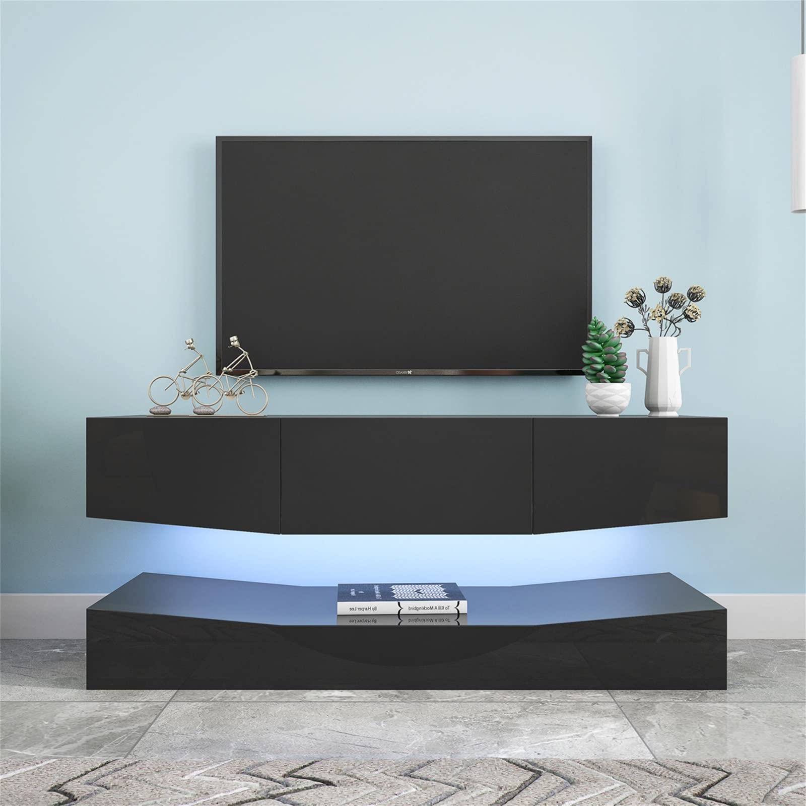 Pouseayar Floating TV Stand - Wall Mounted TV Cabinet with 3 Drawers & LED Lights, Modern Floating Entertainment Center for 55 Inch TVs (Black) - Perfect for Living Room, Bedroom & Home Theater Setup