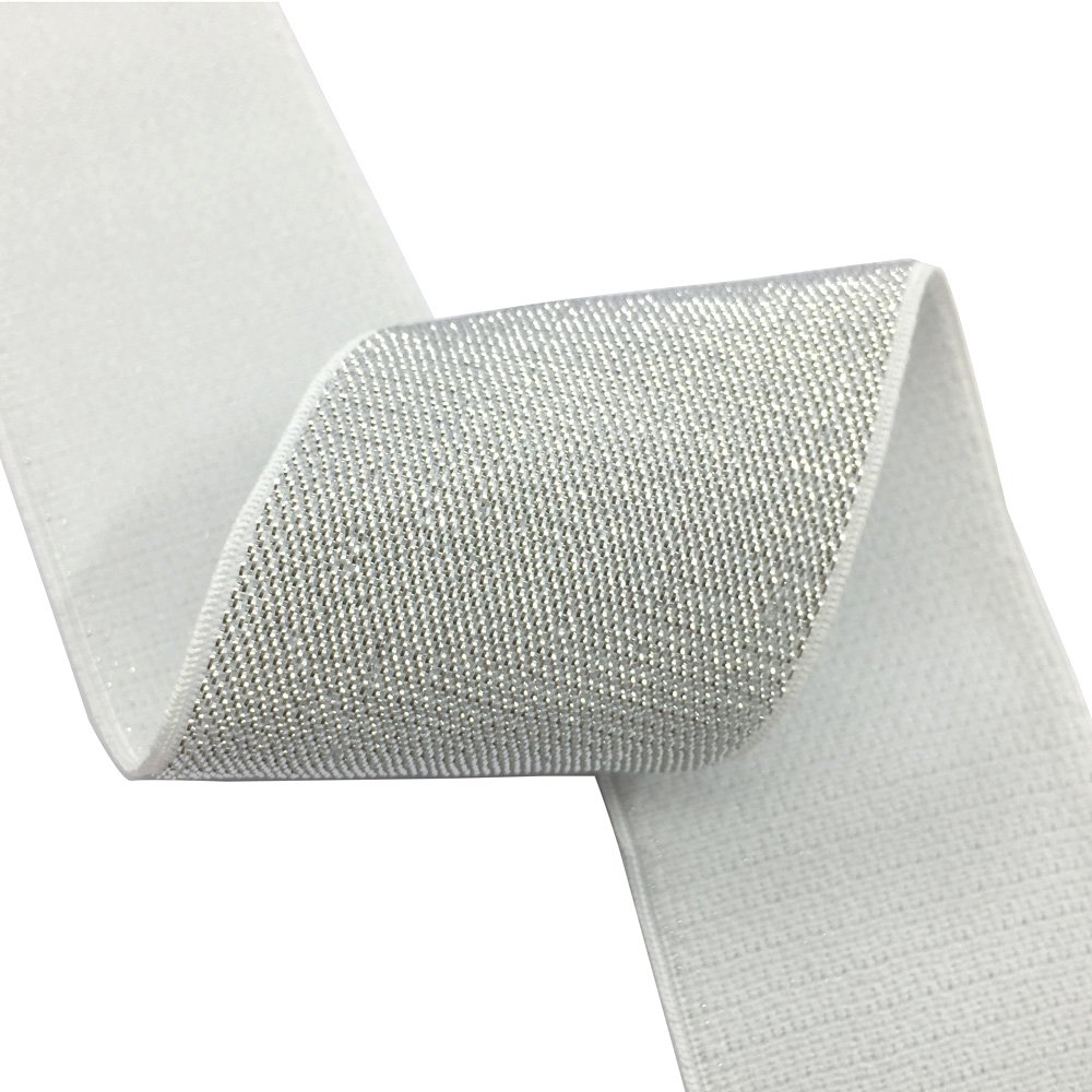 Strapcrafts 2-inch Wide Soft Gold and Silver Glitter Elastic Bands - 3-Yard Waistband & Sewing Elastic for DIY Crafts, Costumes, and Dancewear (Silver Glitter in White) 21050