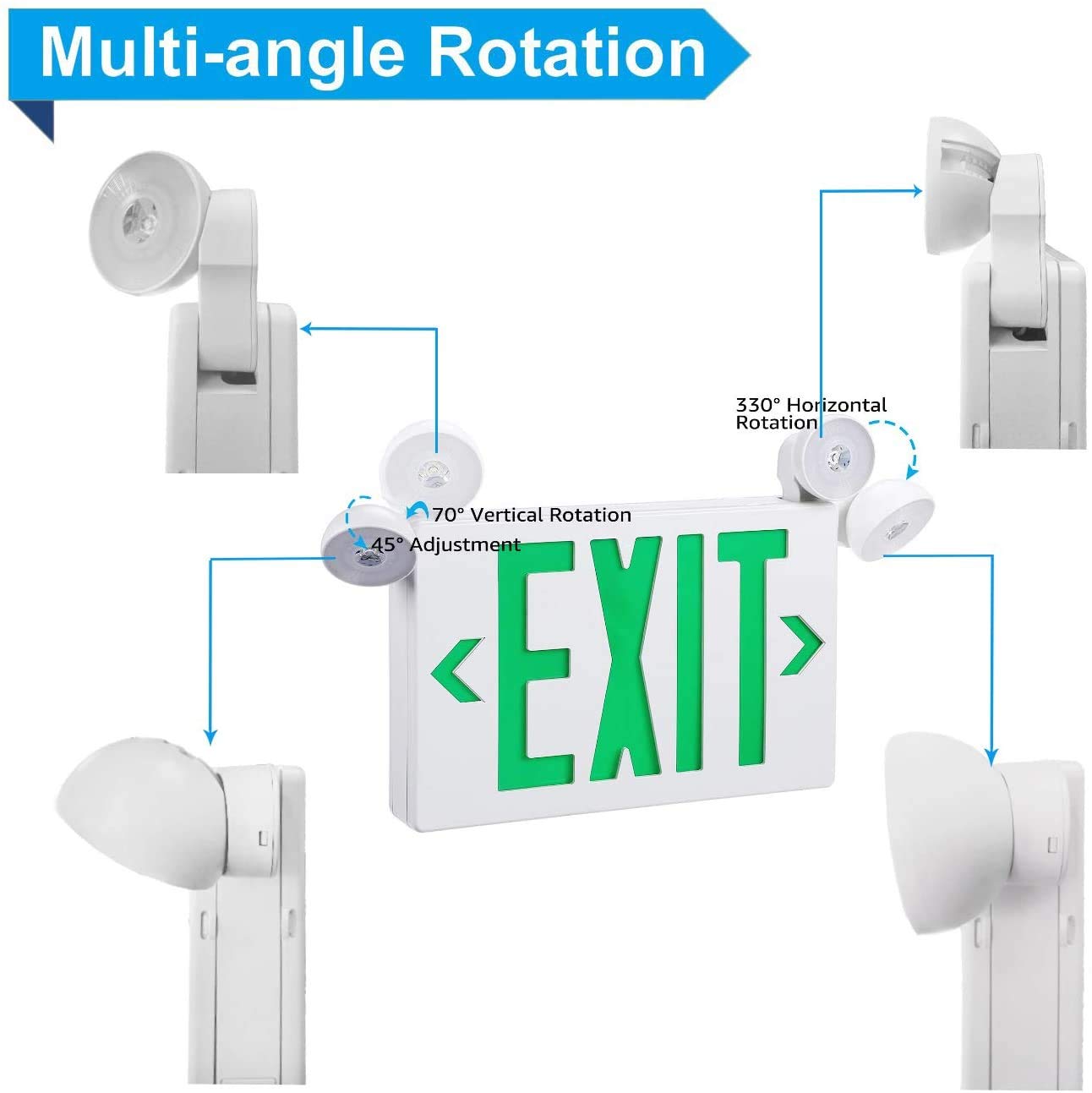6 Pack UL Listed Green LED Exit Sign with Emergency Battery Backup - 120V/277V Adjustable Dual Head Fire Resistant ABS Exit Lighting - Perfect for Commercial Buildings, Warehouses & Emergency Exits