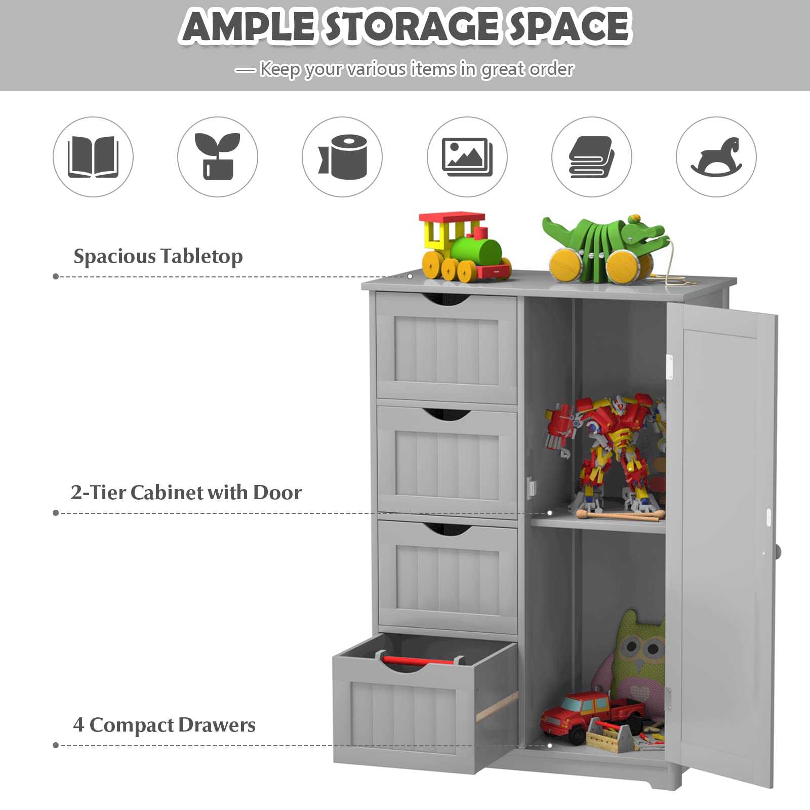 Tangkula 4-Drawer Freestanding Bathroom Storage Cabinet with Adjustable Shelf & Single Door - 22 x 12 x 32 Inch Grey Bathroom Organizer for Home, Office & Small Spaces - Perfect for Towels, Toiletries & Cleaning Supplies Storage