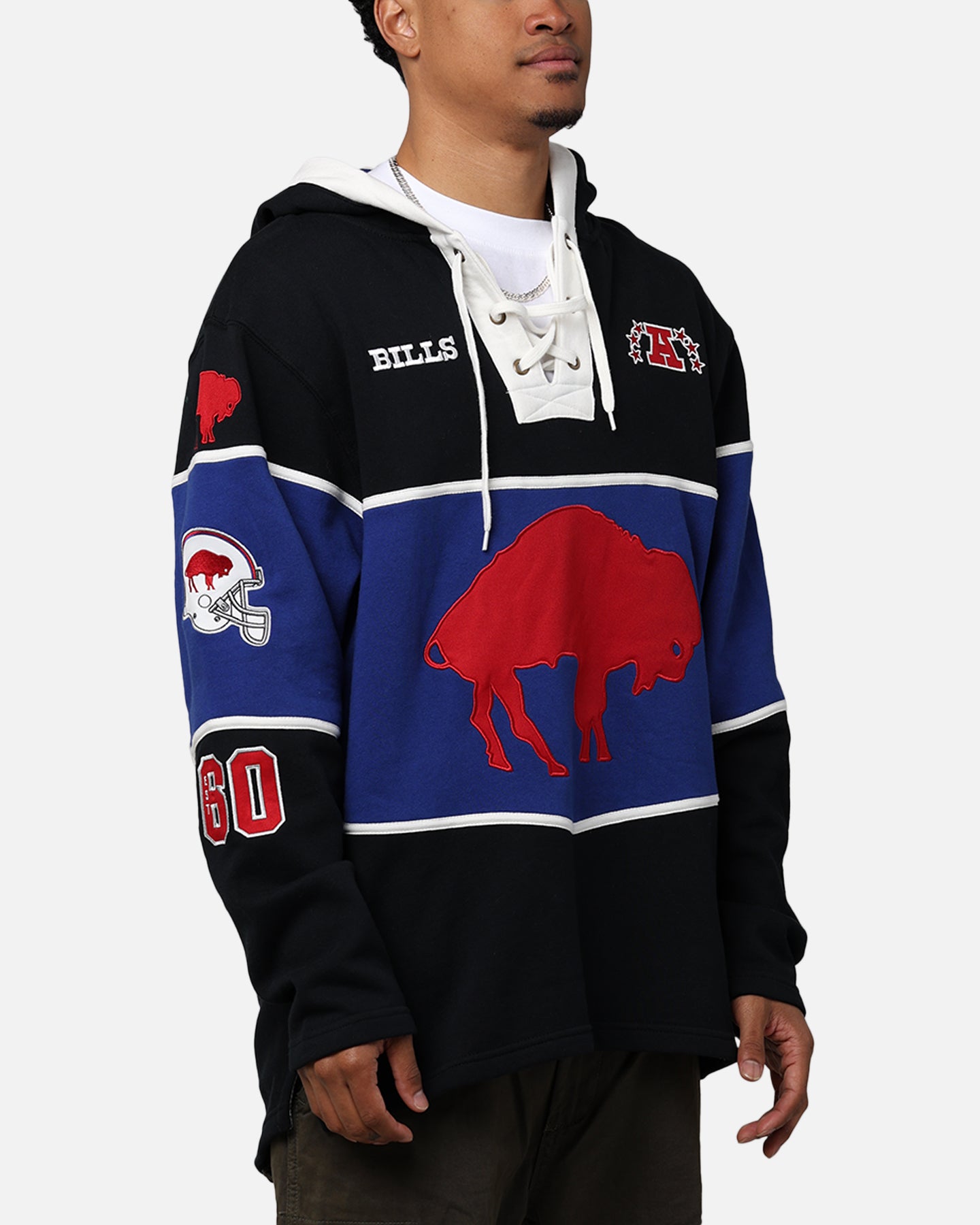 47 Brand Buffalo Bills NFL Legacy Lacer Hoodie for Men - Jet Black Pullover Sweatshirt with Team Logo - Perfect for Game Day, Tailgating & Casual Wear