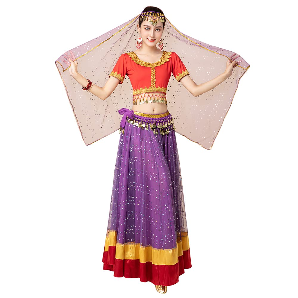 MISI CHAO Women's Belly Dance Costume - Bollywood Chiffon Dress with Head Veil for Halloween, Party & Performance | Elegant Dance Outfit for Stage Shows, Cosplay & Festive Events
