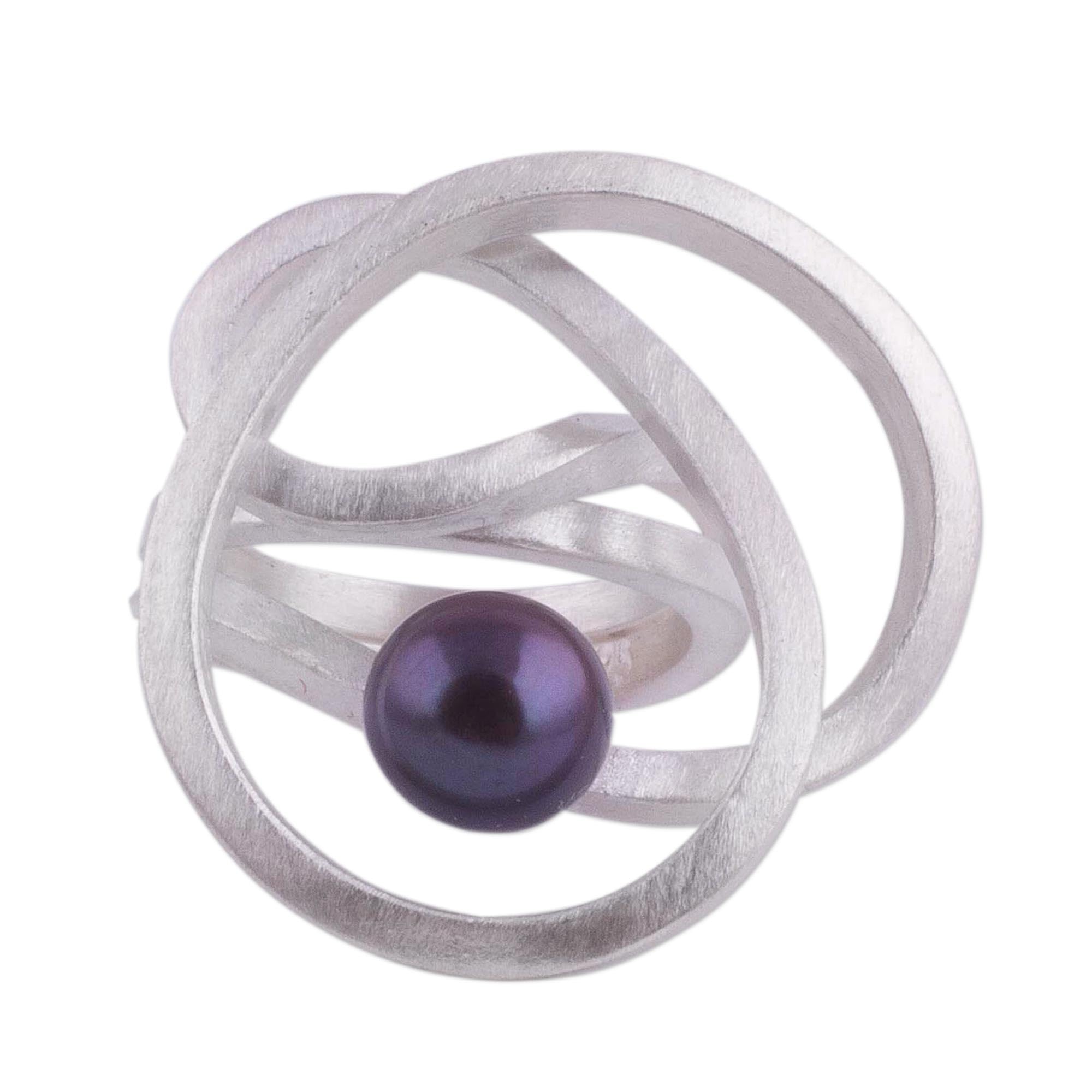 NOVICA Handmade .925 Sterling Silver Cultured Freshwater Pearl Cocktail Ring - Abstract Grey Black Peruvian Jewelry, Modern Birthstone Gift for Women, Perfect for Evening Parties & Special Occasions