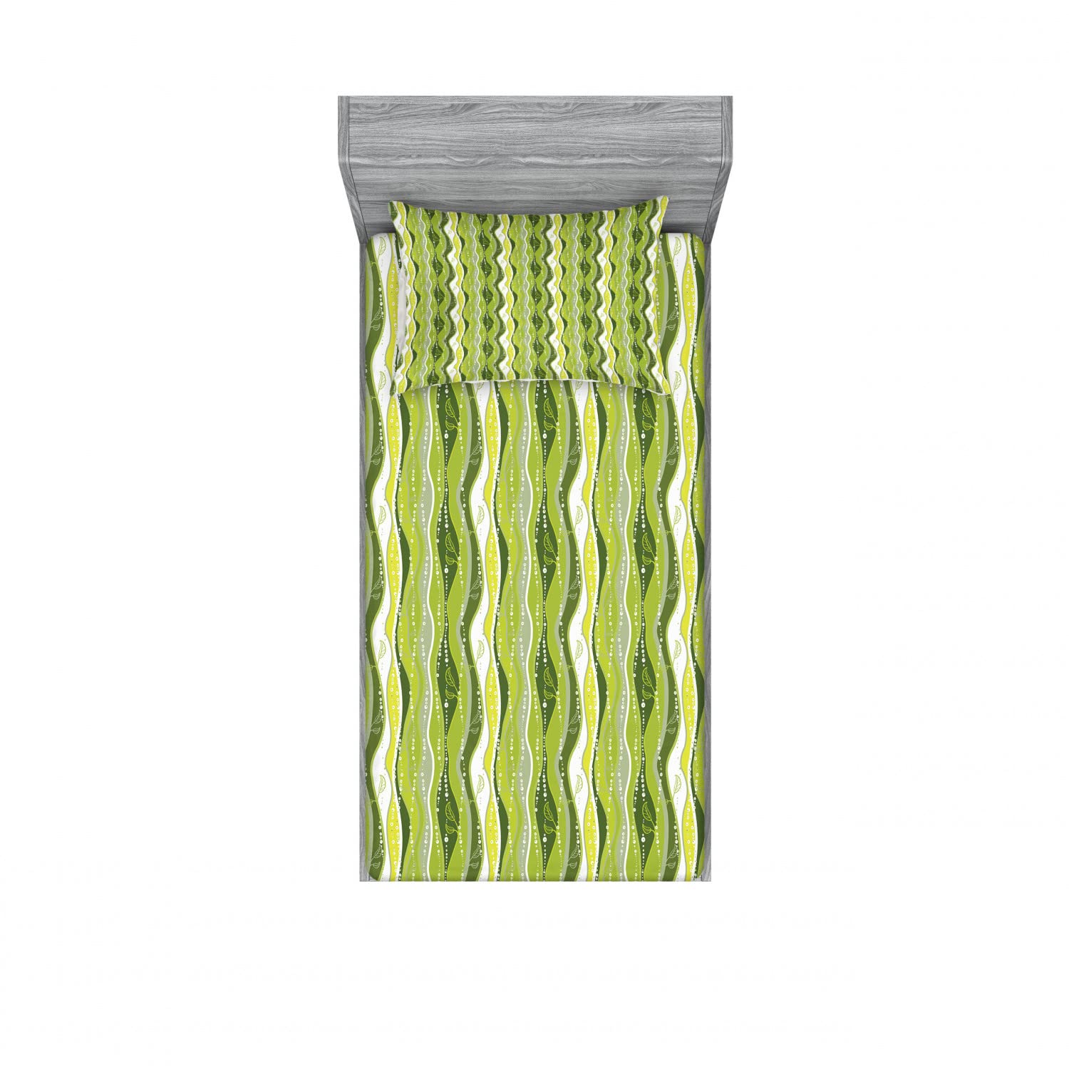 Ambesonne Retro 2-Pack Twin Fitted Sheet & Pillow Sham Set - Digital Leaf Floral Lines Pattern - 4-Piece Bedding Decor Set (2 Twin Fitted Sheets + 2 Pillow Covers) - Green - Perfect for Guest Rooms, Dorms & Vintage-Themed Bedrooms