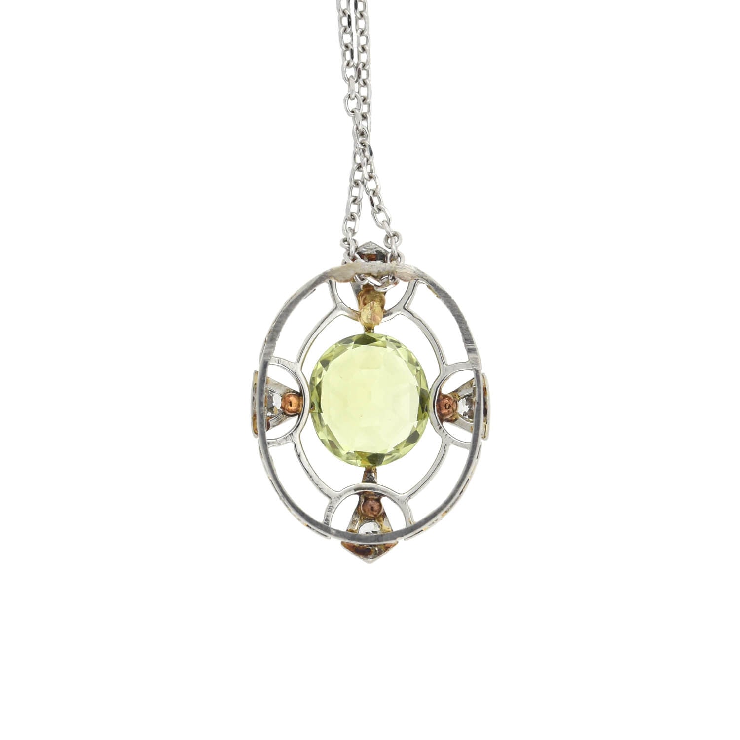 Edwardian Style Platinum & 14K Gold Chrysoberyl Diamond Pendant Necklace - Vintage Jewelry for Weddings & Special Occasions