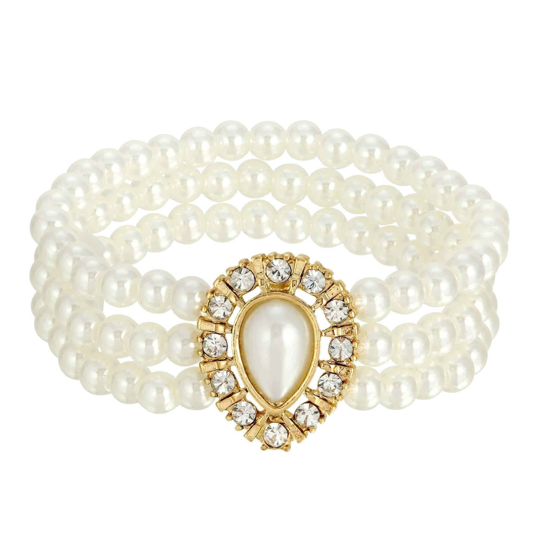 1928 Faux Pearl & Crystal Stretch Bracelet for Women - 3 Row Elegant Beaded Jewelry for Party, Wedding & Special Occasions