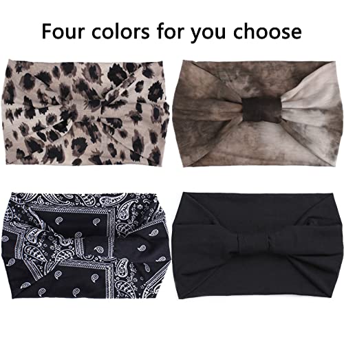 Headbands Color- 4 Pcs Black, Tie-dye brown, Black with white pattern, Light leopard print