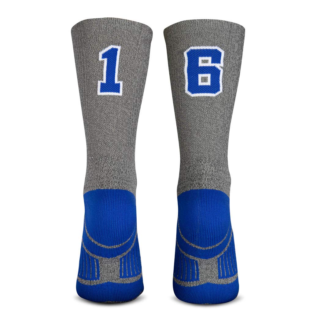Custom Team Number Mid-Calf Athletic Socks for Sports - Gray & Blue Crew Socks | Perfect for Basketball, Soccer & Baseball Games