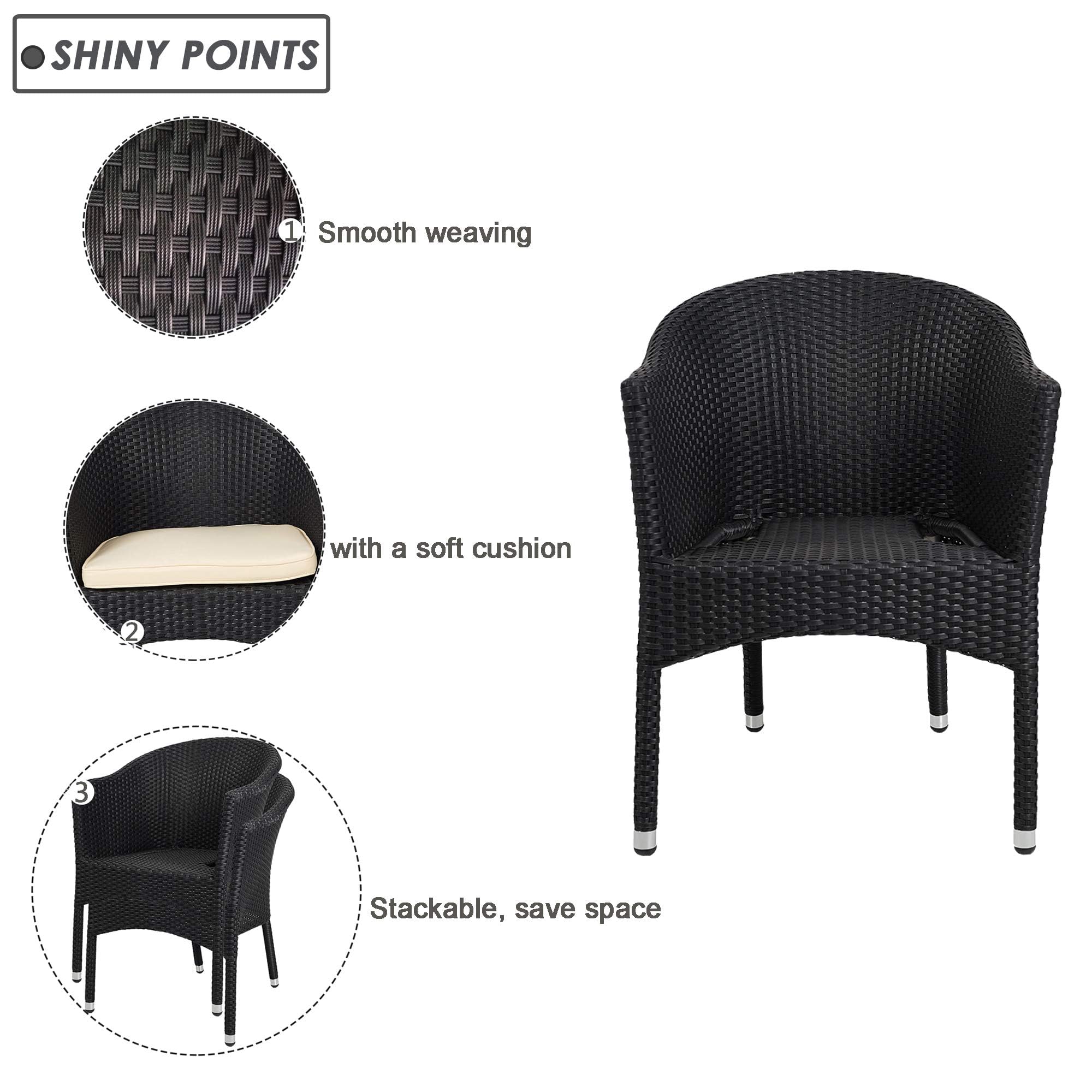 LUCKYERMORE Outdoor Wicker Dining Chairs with Soft Cushions - Stackable Rattan Plastic Armchairs for Patio, Garden, Lawn & Home Furniture (Black) | Perfect for Backyard BBQs, Poolside Lounging & Al Fresco Dining