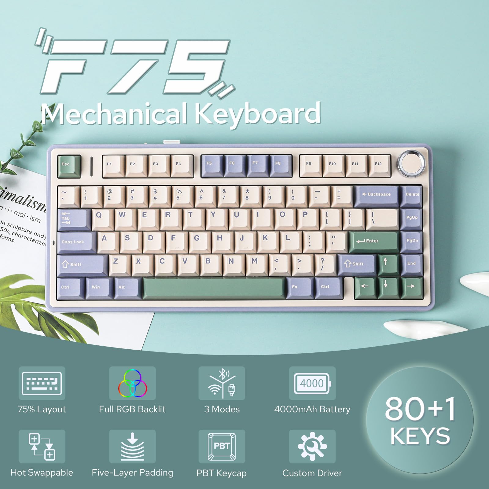 EPOMAKER x Aula F75 75% Wireless Mechanical Keyboard - Hot Swappable Gaming Keyboard with Gasket Mount, 5-Layer Padding, Rotary Knob, Bluetooth/2.4GHz/USB-C, RGB Backlit (Green, Graywood V3 Switch) - Perfect for PC Gaming, Office Work & Typing Enthusiasts