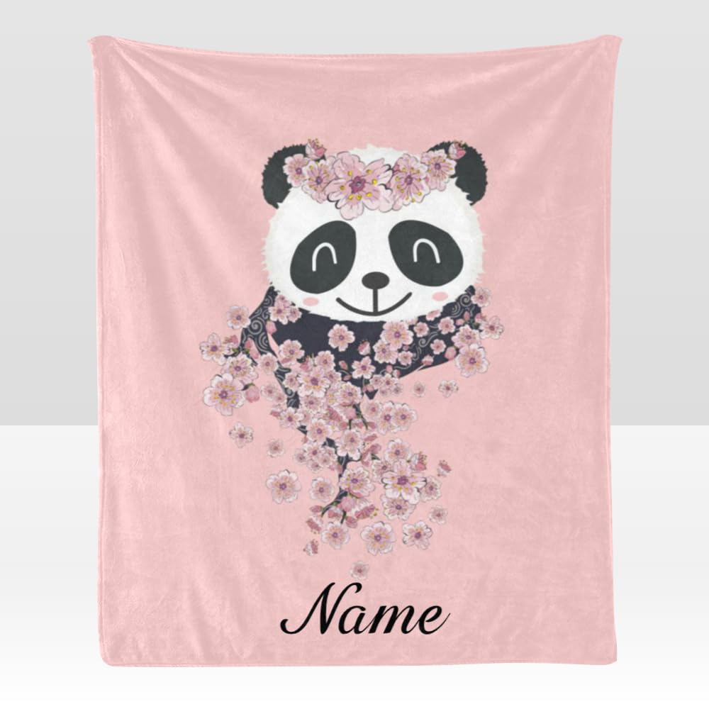 Personalized Cherry Blossom Panda Fleece Throw Blanket - Custom Name Text, Soft & Cozy 50x60 Inch Blanket for Adults, Gifts, Bedroom, Sofa & Outdoor Use