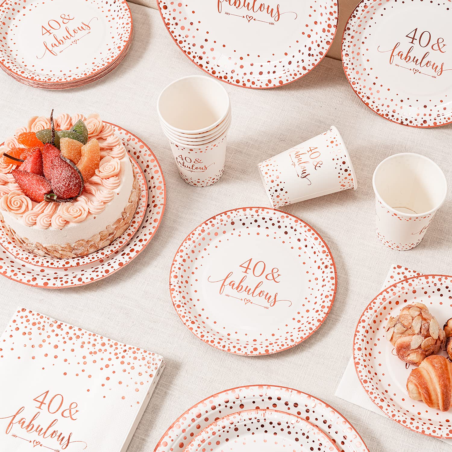 40th Birthday Party Decorations - Rose Gold Foil Disposable Tableware Set (24-Piece) with 9