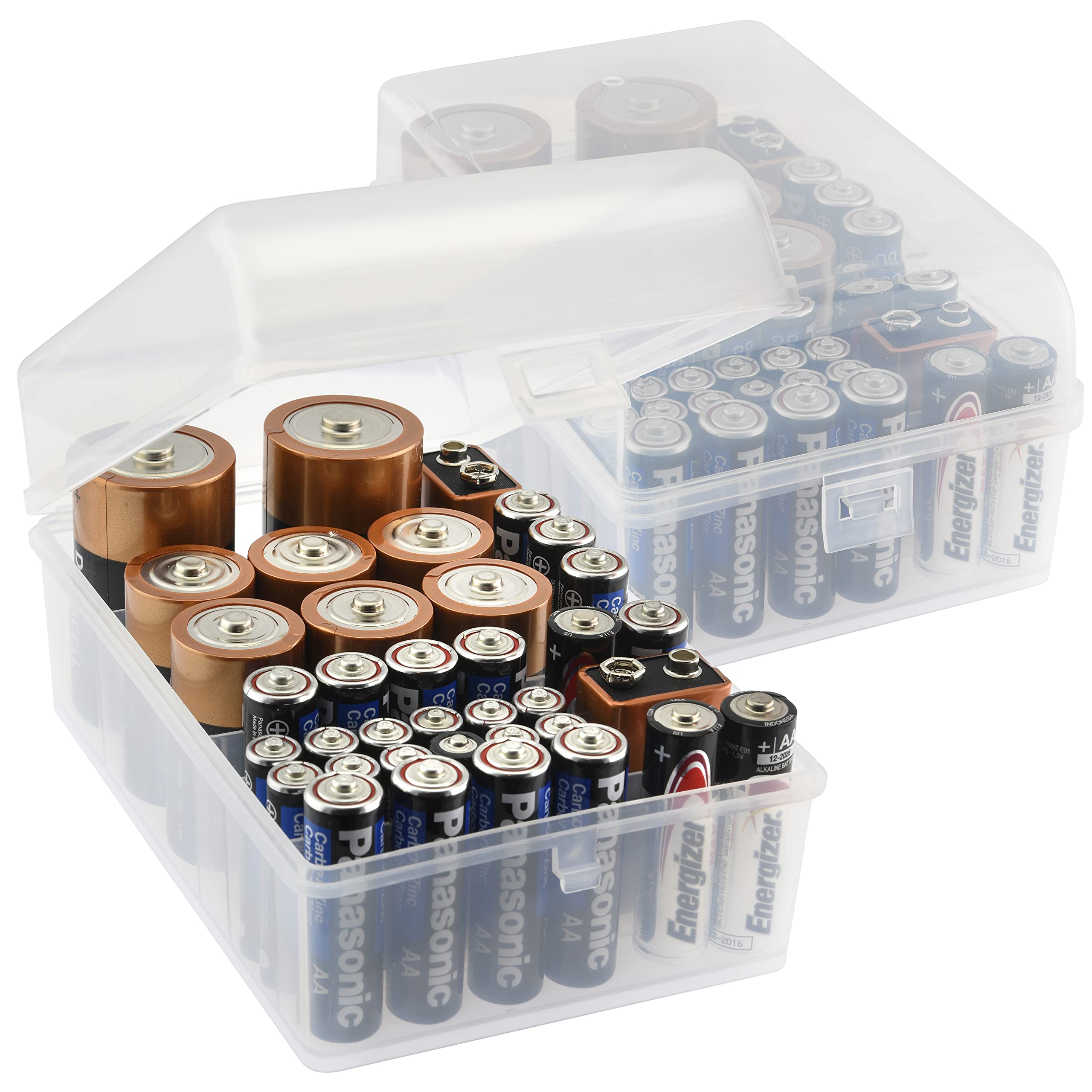 GlossyEnd 2-Pack 37-Slot Multi Battery Storage Box - Organizer Case for AA, AAA, C, D & 9V Batteries - Clear Plastic Battery Holder for Home, Office & Travel Use