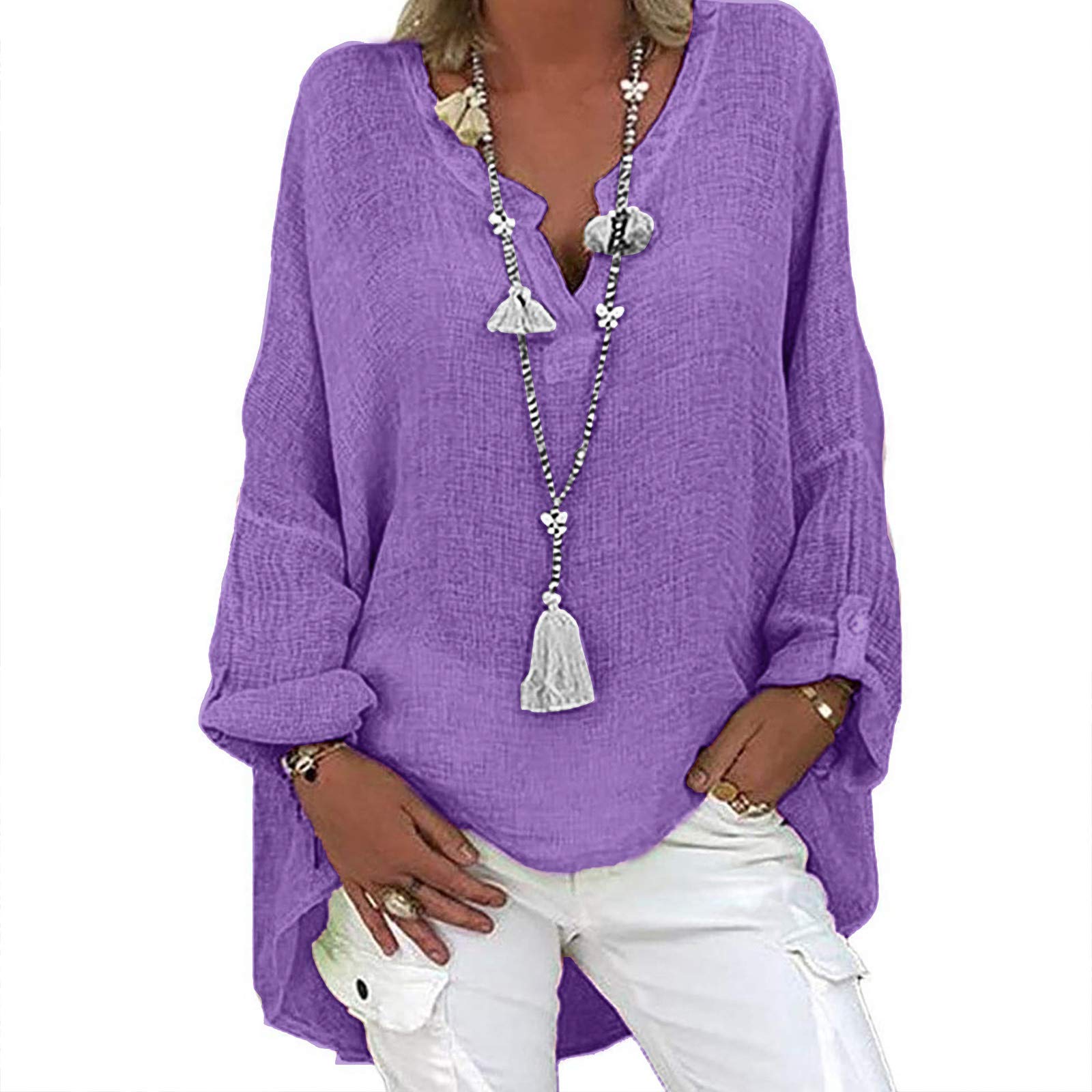 Women's Linen Shirts 2023 - Summer Casual Plus Size V-Neck Blouses | Breathable Loose Fit Tunic Tops for Beach, Office & Everyday Wear | Flattering Hide Belly Design