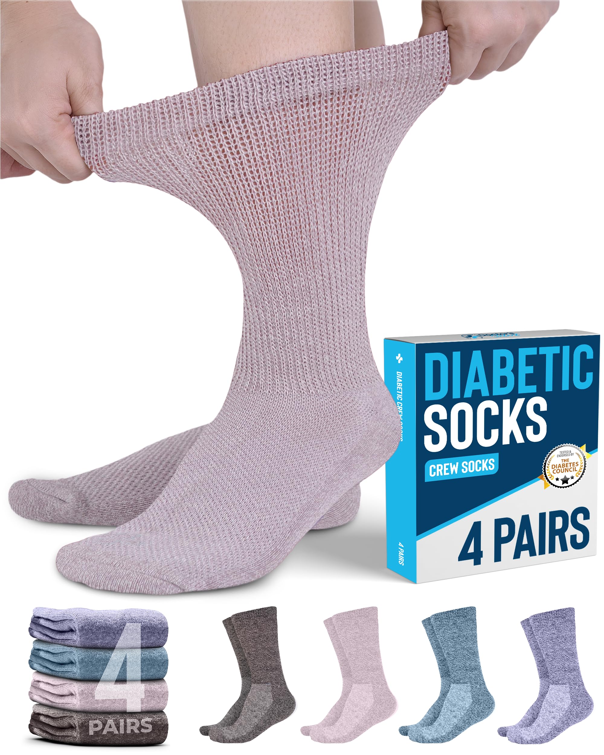 Doctor's Select Diabetic Socks for Men & Women - 4 Pairs Neuropathy Relief Socks | Circulation Support for Diabetes | Comfortable Non-Binding Socks for Daily Wear & Diabetic Foot Care