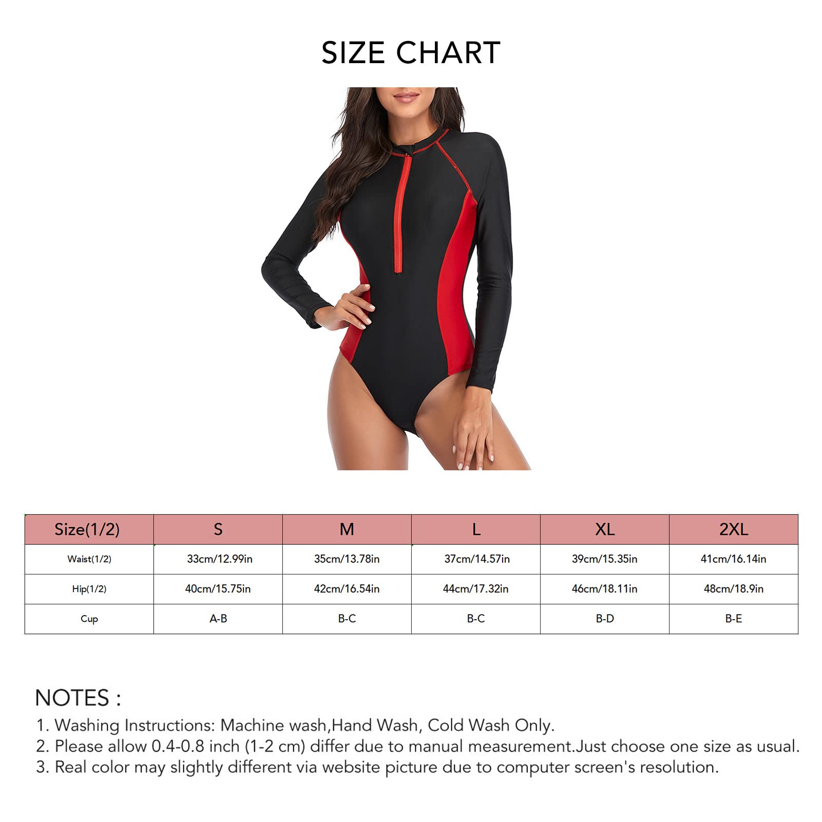 Women's Slim Fit Long Sleeve One-Piece Swimsuit with Front Zipper - Push Up Bathing Suit for Beach & Pool - XL Red - Perfect for Swimming, Surfing and Sun Protection