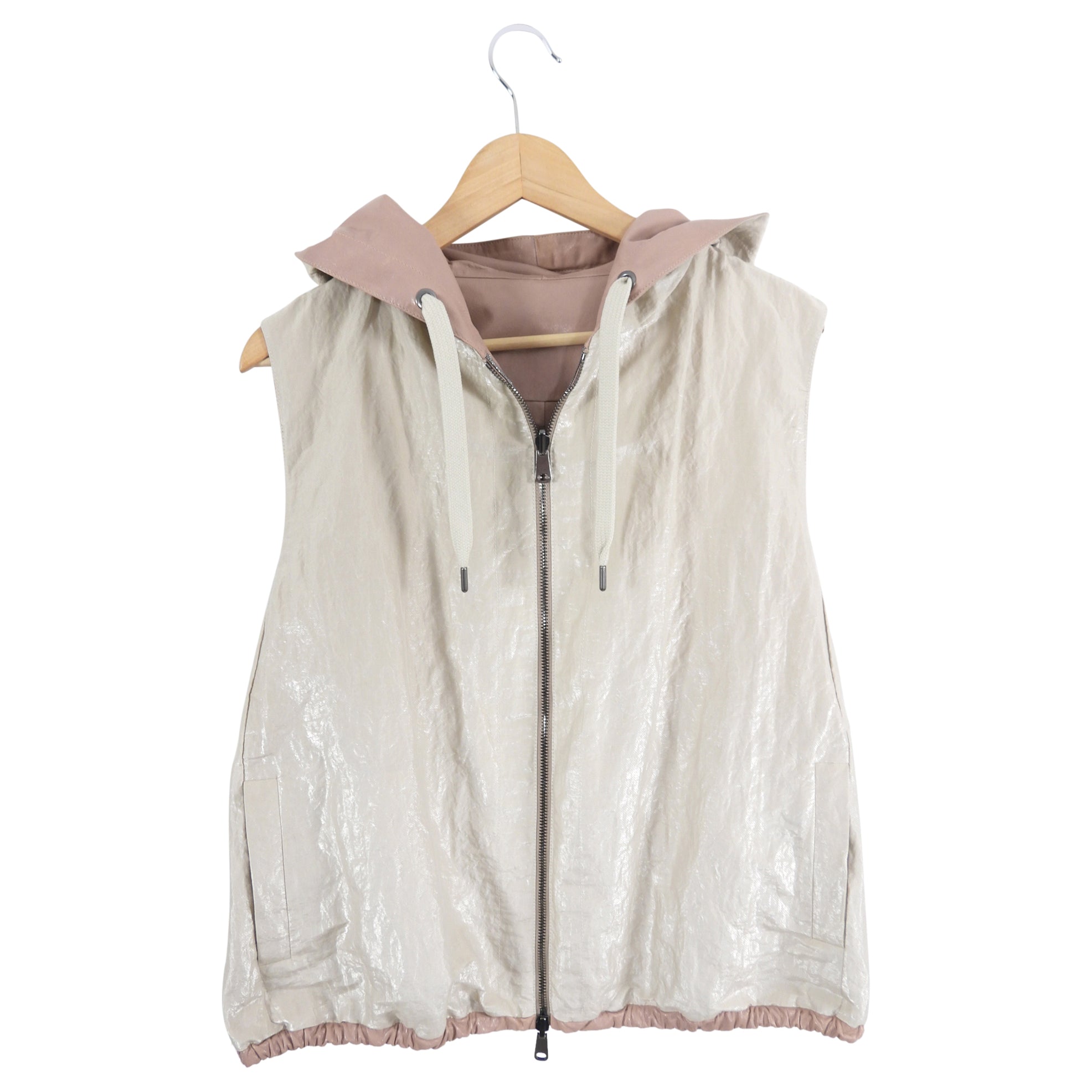 Brunello Cucinelli Reversible Hooded Vest in Quartz Pink Leather - Size IT44 / US 8 - Perfect for Layering in Fall & Winter Fashion