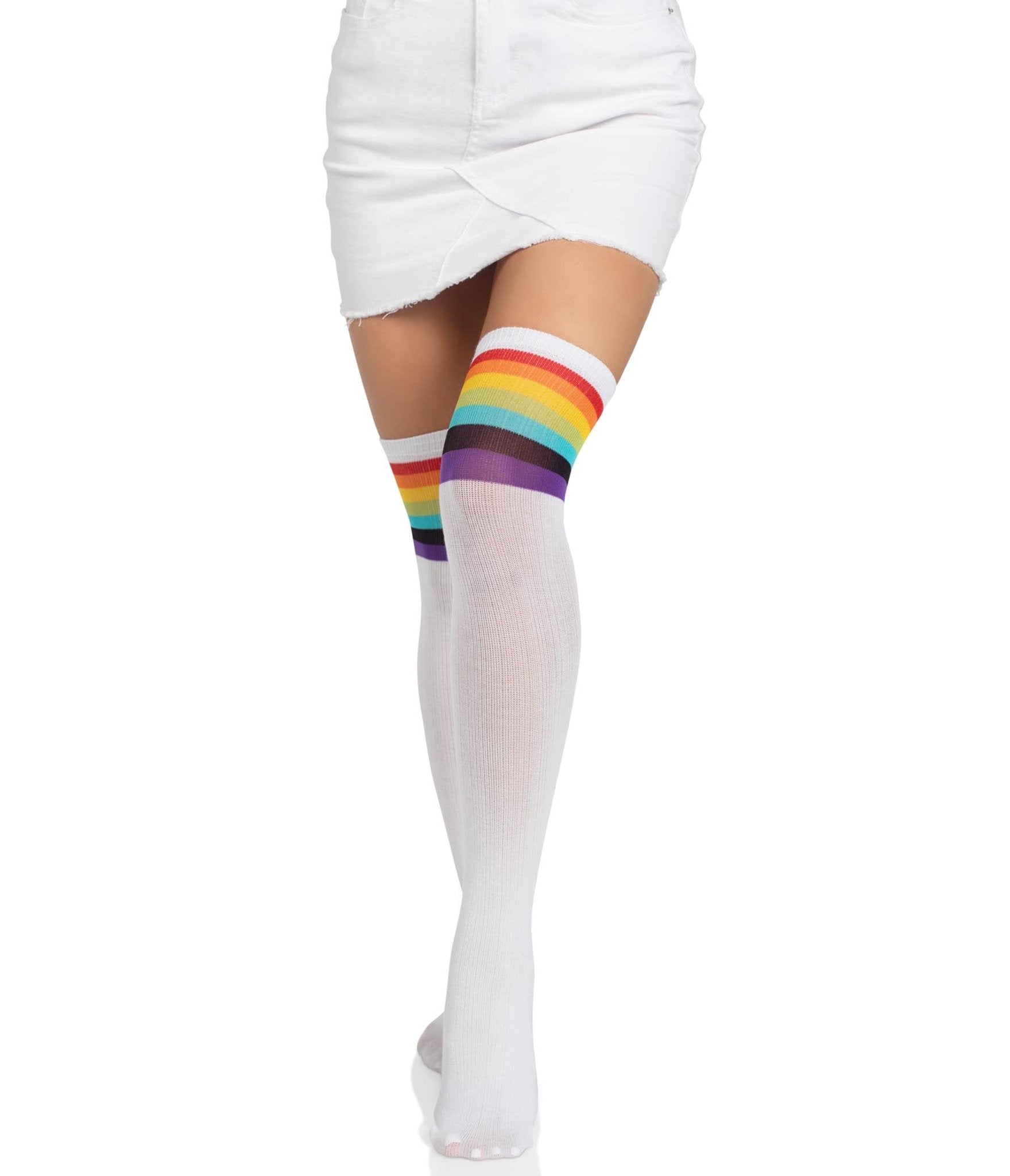 Leg Avenue Nia White & Rainbow Stripe Thigh High Stockings - Sexy Striped Knee High Socks for Women, Halloween Costume Accessories, Cosplay Outfits & Party Wear