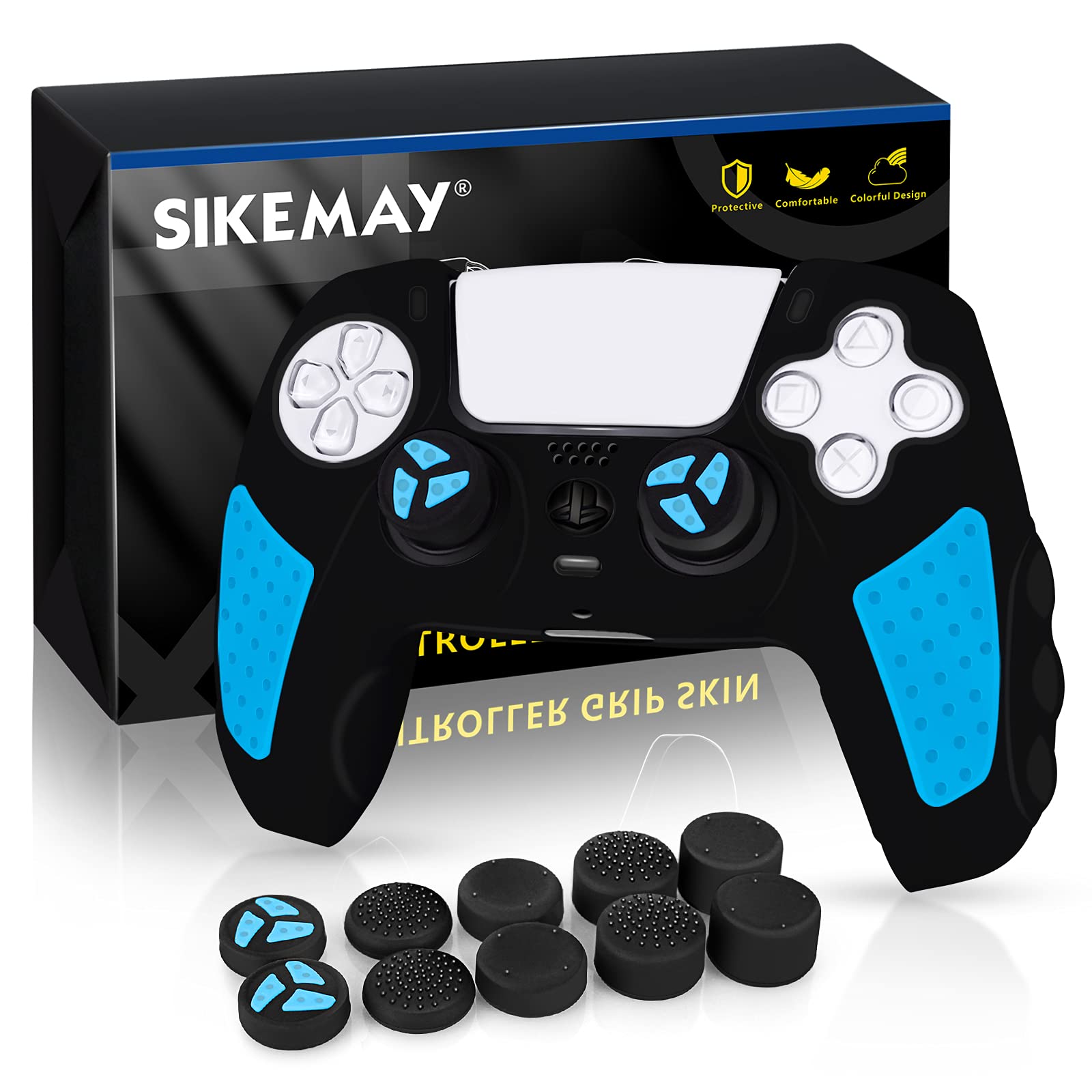SIKEMAY Anti-Slip Silicone PS5 Controller Cover - Thick Protective Skin Case for Playstation 5 Dualsense Controller with 10 Thumb Grip Caps (Black-Blue) - Perfect for Gaming, Travel & Long Play Sessions