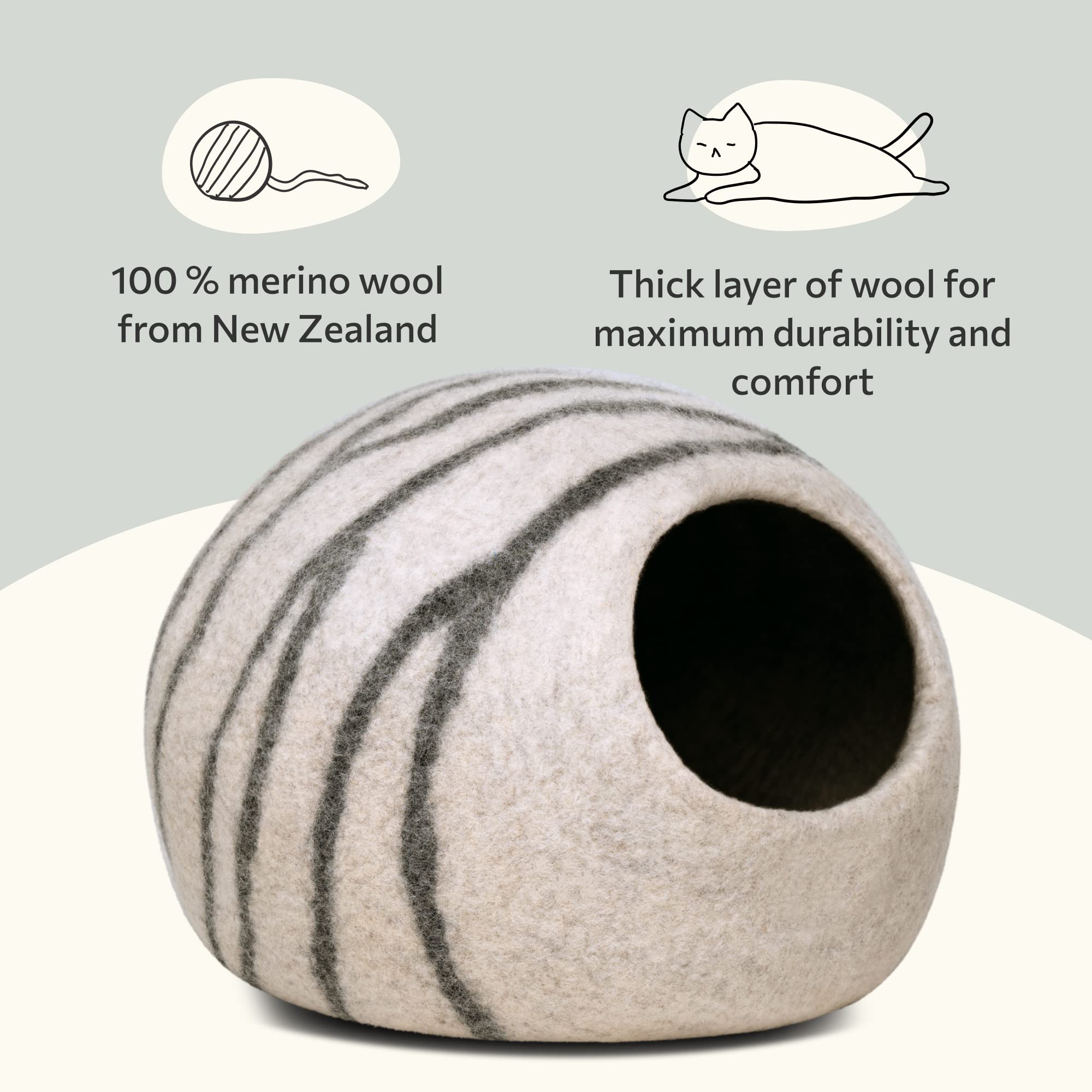 Premium Felt Cat Bed Cave - Light Grey Large Size with 6-Pack Natural Wool Ball Toys Bundle | Cozy Kitty Hideaway for Indoor Cats, Perfect for Napping & Playtime in Living Room or Bedroom