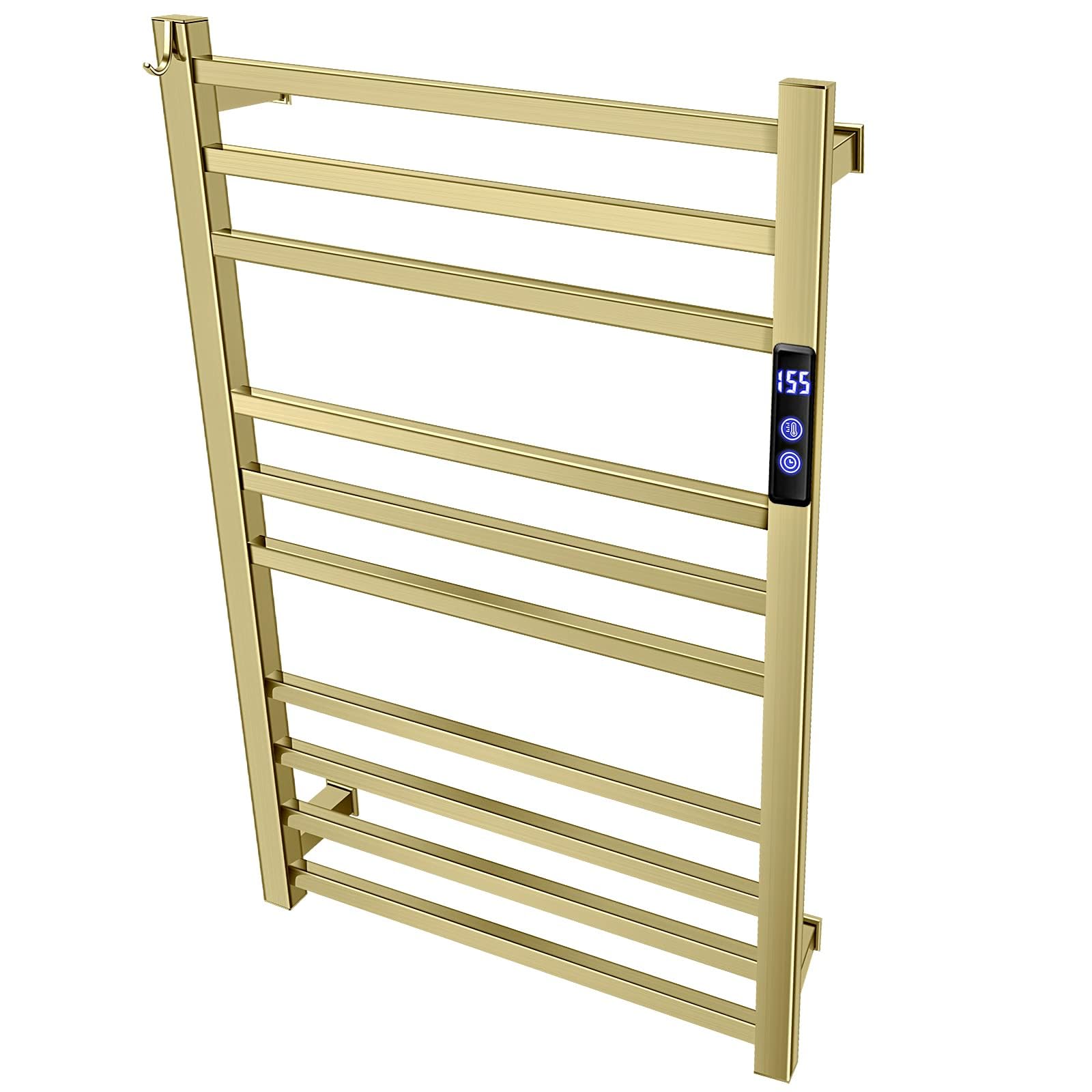 Premium Electric Towel Warmer Rack - 10-Bar Wall Mounted Heated Towel Rail with Timer & Fahrenheit Temperature Control for Bathroom - Brushed Gold Finish - Plug-in or Hardwired Installation - Perfect for Keeping Bath & Shower Towels Warm & Cozy - Ideal for Spa-Like Luxury at Home