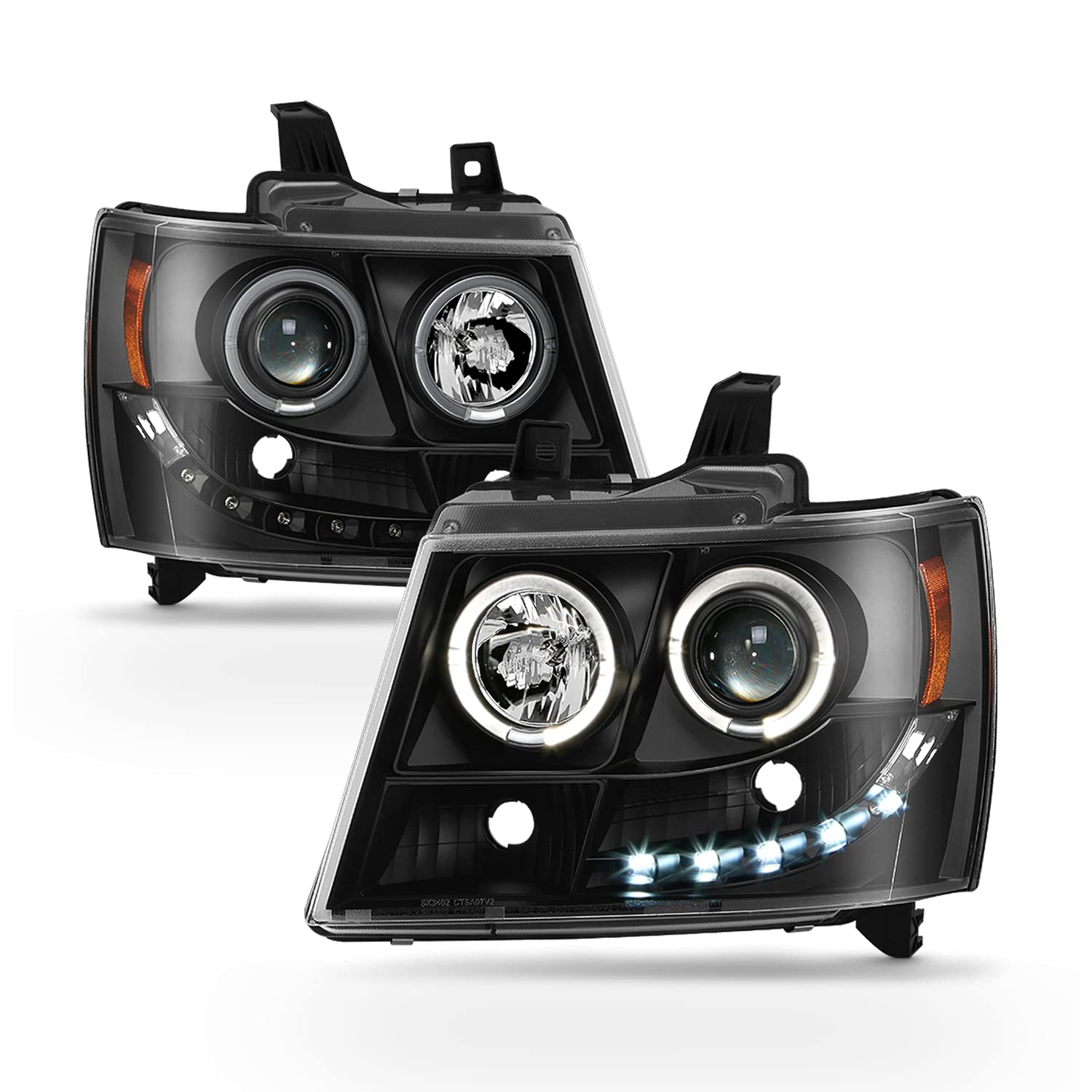 AKKON LED Projector Headlights for 2007-2014 Chevy Tahoe Suburban 1500/2500 & 2007-2013 Avalanche - Black Halo Light Bar Pair (Left+Right) - Upgrade Your Night Driving Safety & Style