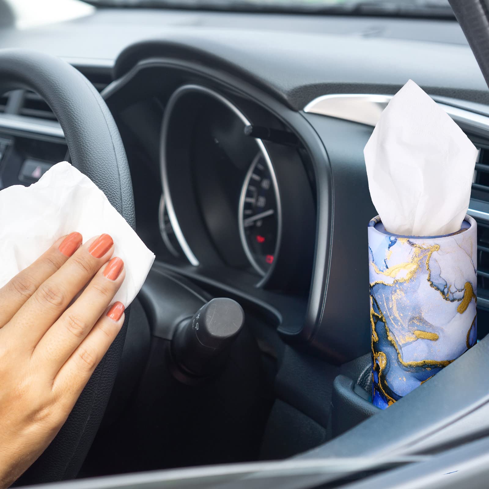 12-Piece Cylinder Car Tissue Box Set - Printed Round Disposable Napkins for Cup Holders | Travel Facial Tissues | Griotte Style Design | Perfect for Road Trips, Commuting & Car Cleaning