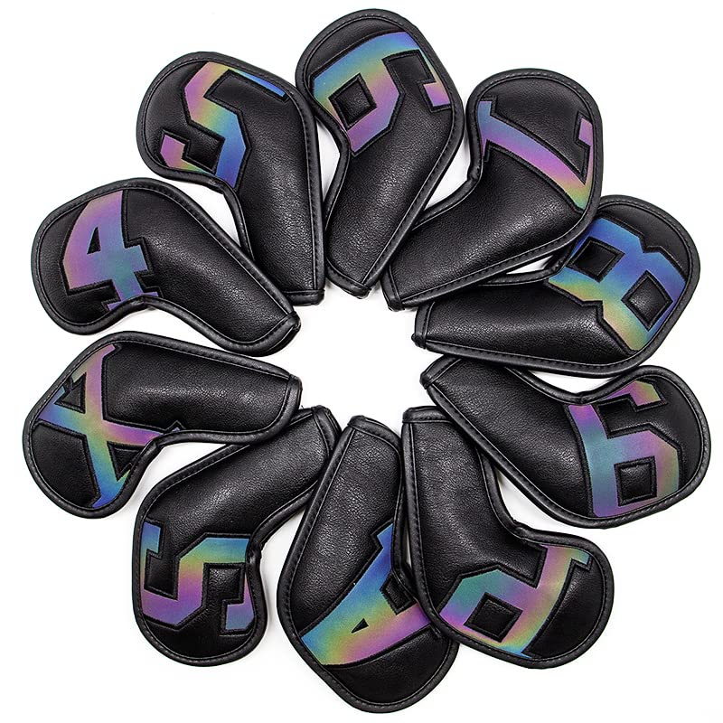 Premium 10-Piece Leather Golf Iron Head Covers Set - Colorful Magic Tape Design for Titleist, Callaway, Ping - Protect Your Golf Clubs During Play & Travel