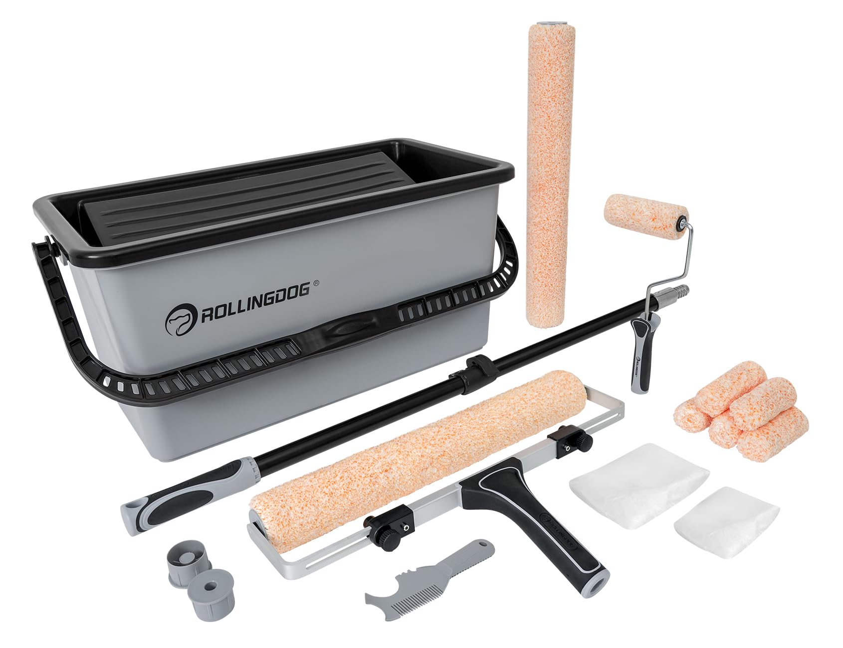 ROLLINGDOG 18 Inch Paint Roller Kit - Includes 18 Inch Frame, 2-3.2 Ft Extension Pole, Paint Bucket with Liners, 2 Microfiber Roller Sleeves & 4 Inch Roller Covers - Perfect for Walls, Ceilings & Large Painting Projects