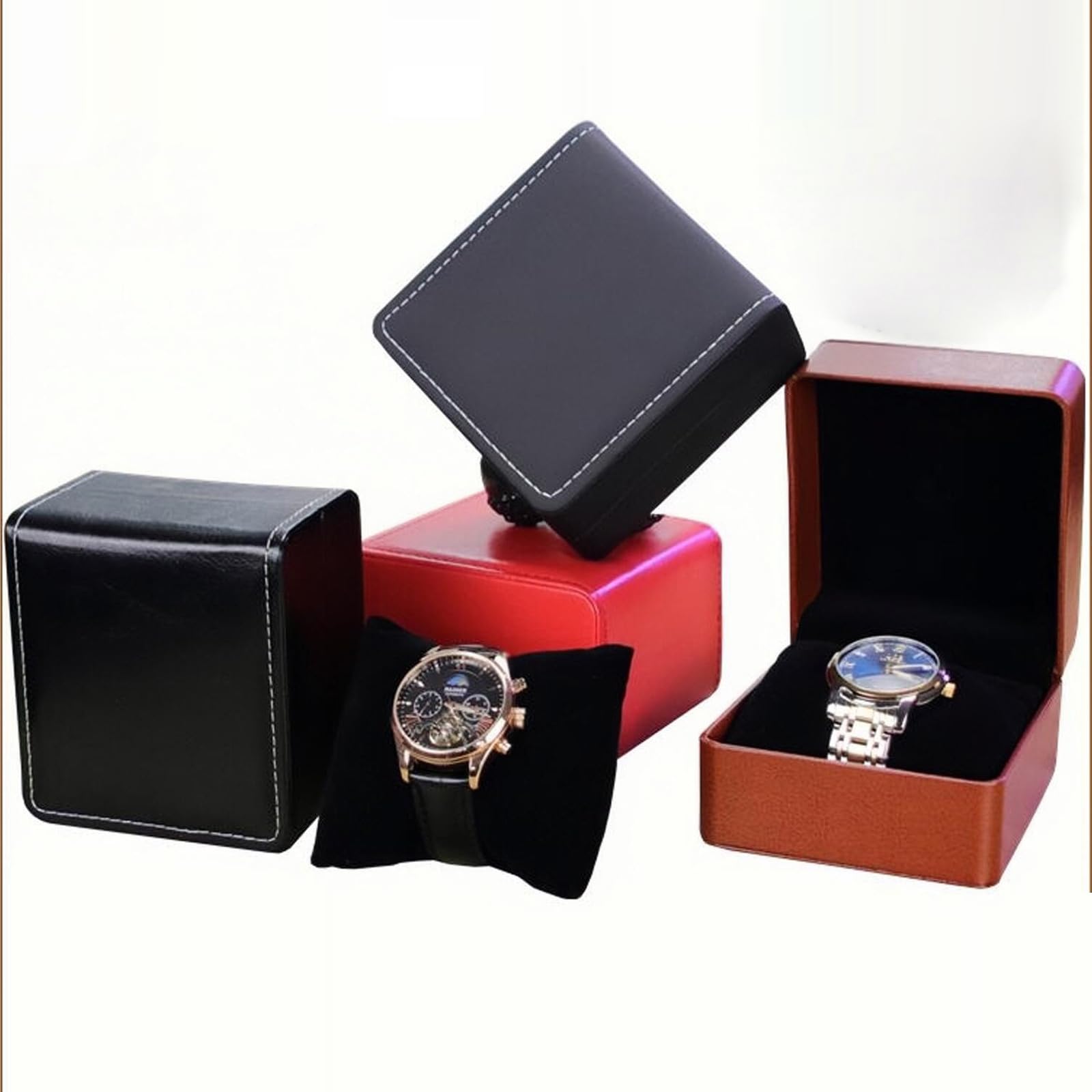 Premium PU Leather Watch Box with Soft Cushion - Luxury Watch Storage Case for Smartwatches, Jewelry & Accessories - Perfect Gift for Men & Women (Birthday, Anniversary) - Matte Black with Red Stitching - Ideal for Travel, Home Display & Watch Collection Organization