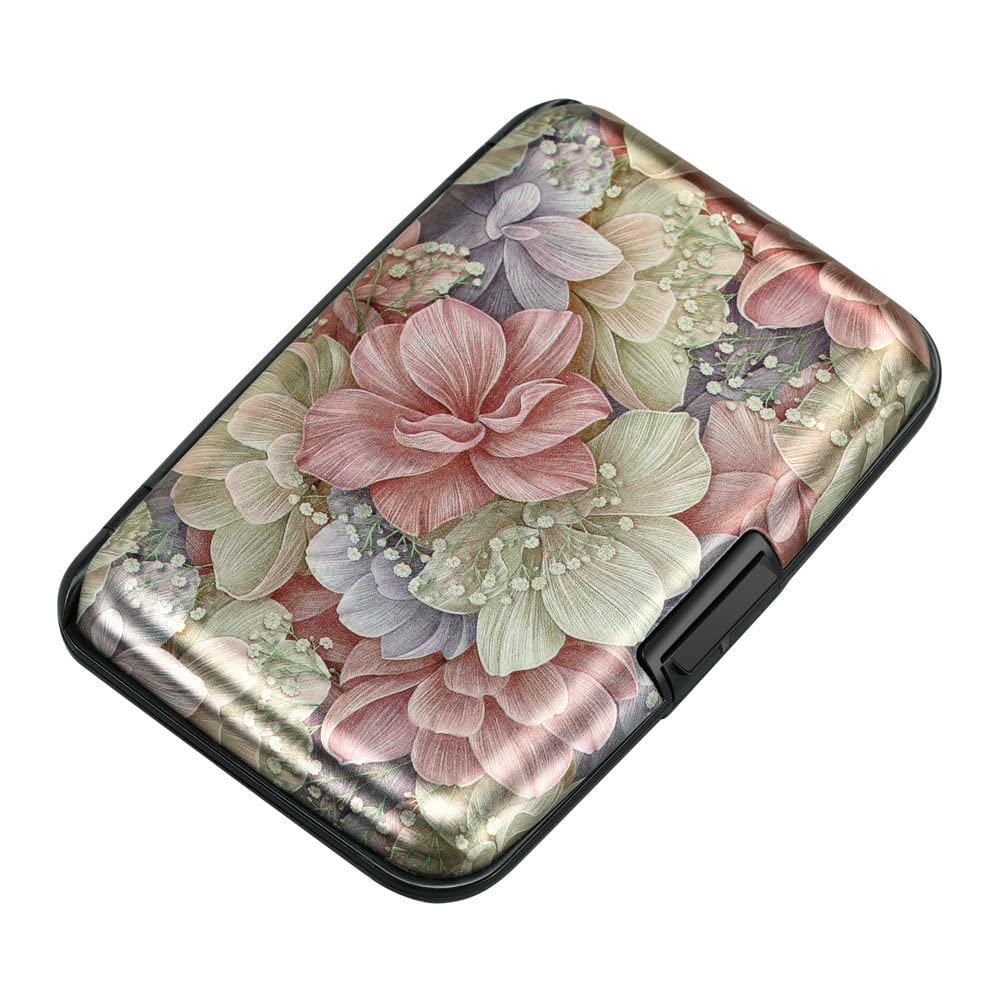 ELFISH Mini RFID Blocking Aluminum Wallet - Slim Credit Card Holder for Men & Women - Business Card Case & Metal ID Protector (Happy Flower Design) - Perfect for Travel, Office & Everyday Use