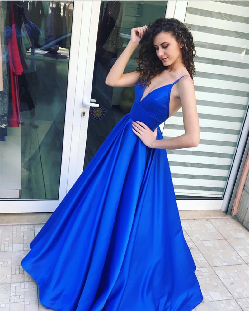 Elegant Royal Blue Satin Evening Dress with Deep V-Neck - Perfect for Prom, Gala & Formal Events