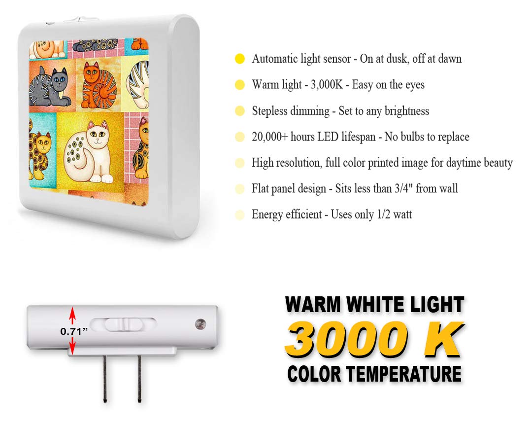 Dimmable LED Night Light with Auto On/Off Sensor - Adjustable Brightness Warm White for Bathroom, Hallway, Nursery & Bedrooms - Cat Collage Design by Dan Morris - Perfect for Nighttime Safety & Comfort
