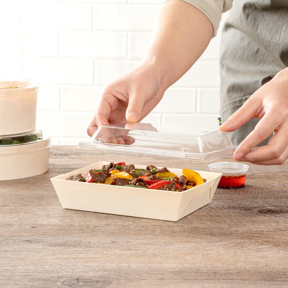 Restaurantware 100-Pack Clear Plastic Rectangle Lids 6.8 x 5.3 x 1.4 Inch - Fits 20oz Wooden Takeout Containers (Containers Sold Separately) | Perfect for Food Delivery, Catering & Meal Prep
