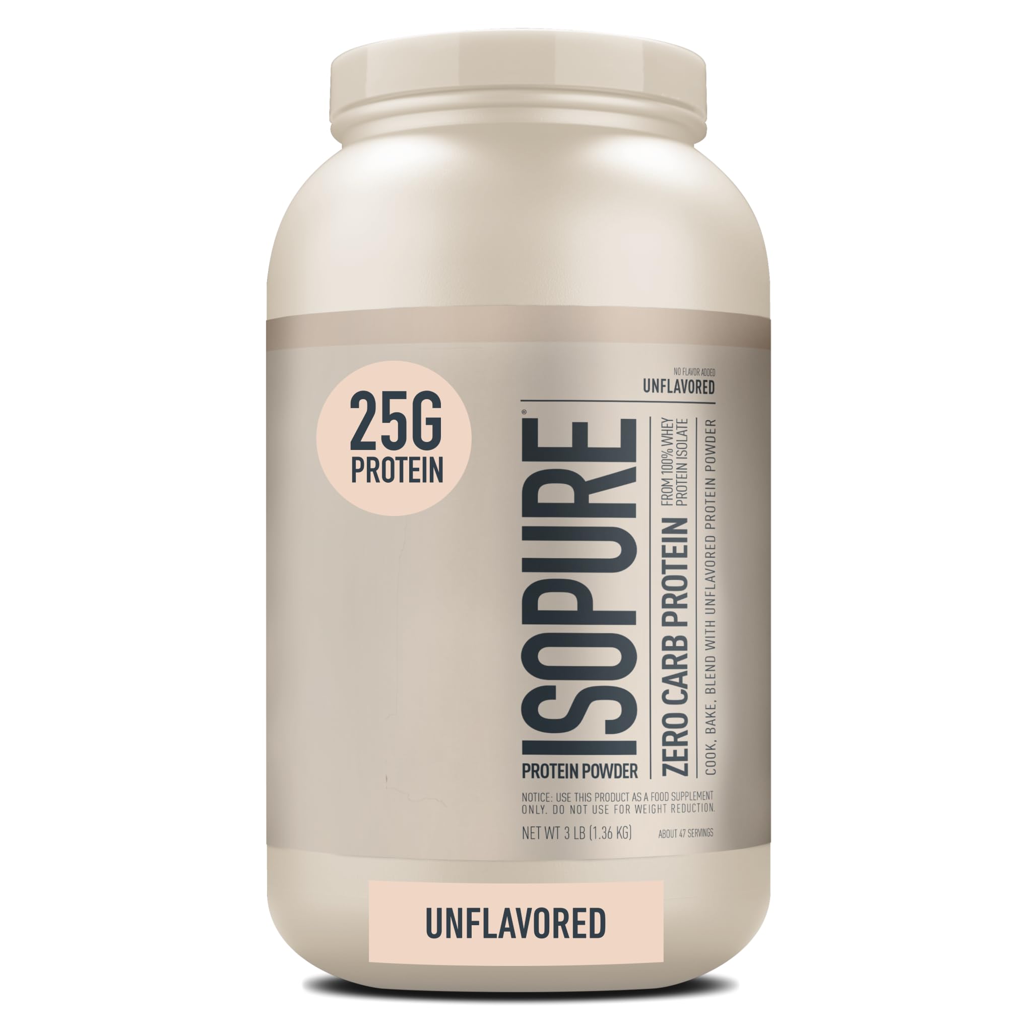 Isopure Zero Carb 100% Pure Whey Protein Isolate Powder - Lactose Free, Gluten Free, Unflavored with Added Vitamins - 25g Protein Per Serving, 3lb (47 Servings) - Ideal for Post-Workout Recovery & Keto Diet Support